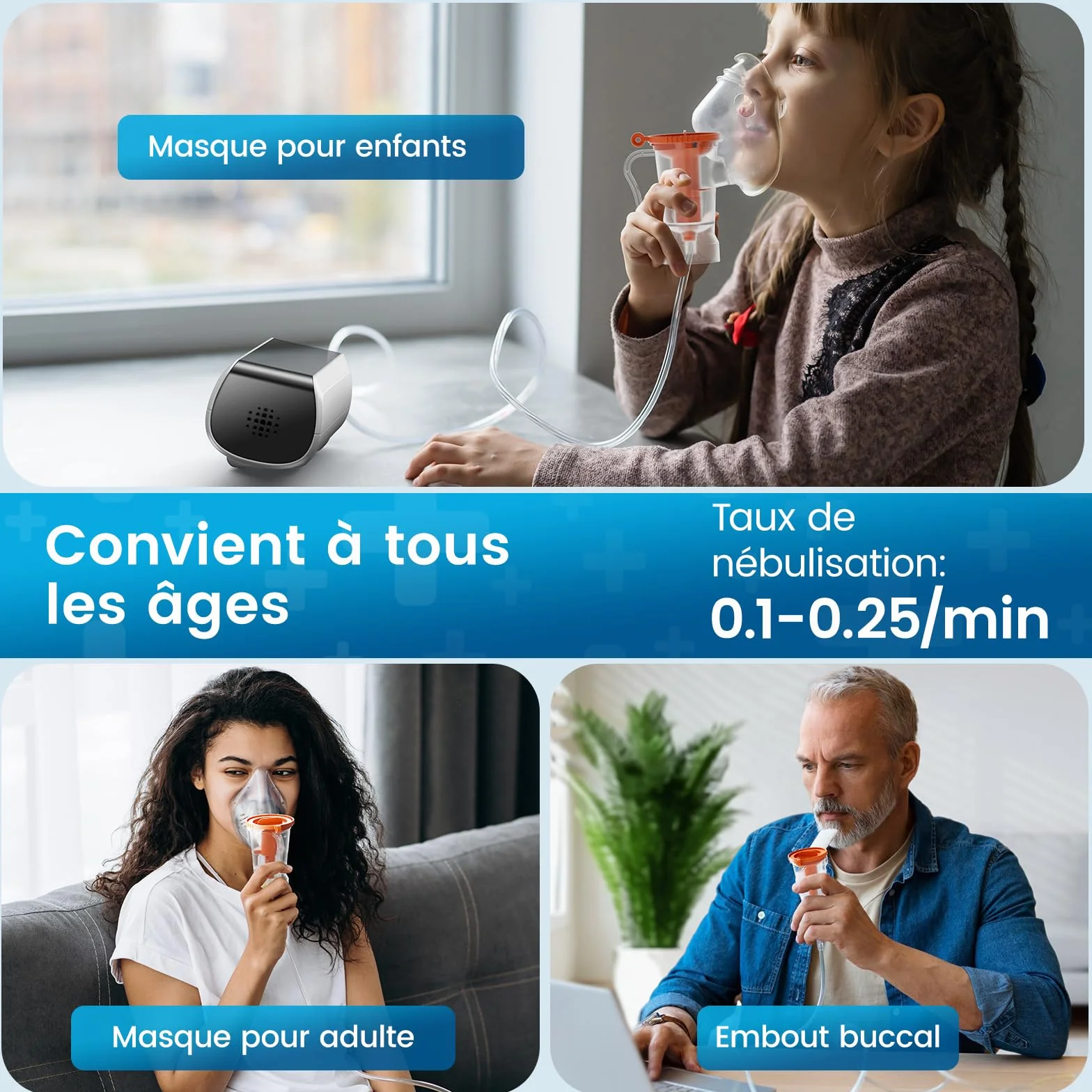 Inhalator kompresorowy dla dzieci i dorosłych z wyświetlaczem cyfrowym, regulowany, 2 maseczki (Czarny)