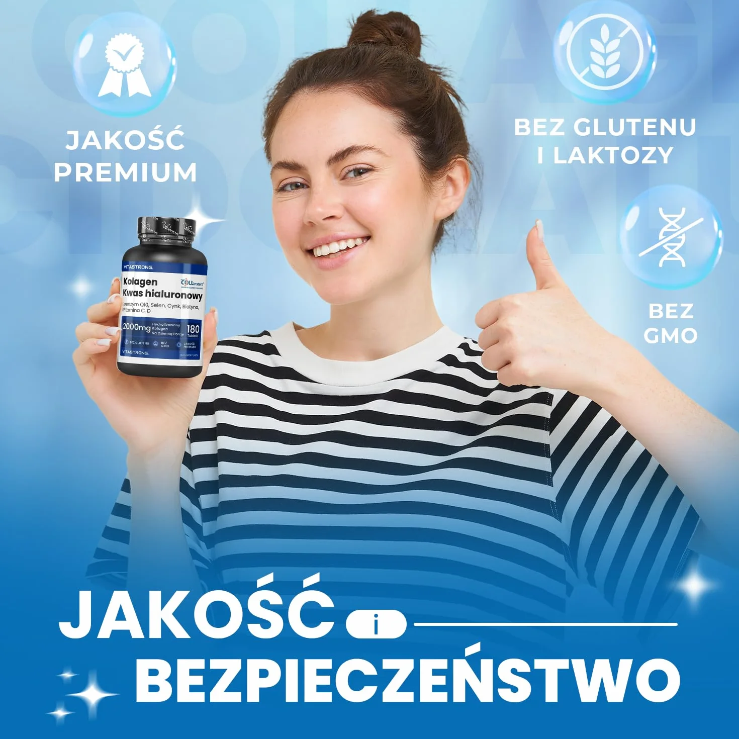 Vitastrong Hydrolizowany Kolagen 2000MG COLLinstant® Kwas Hialuronowy Biotyna Koenzym Q10 Cynk Selen Witamina C Witamina D