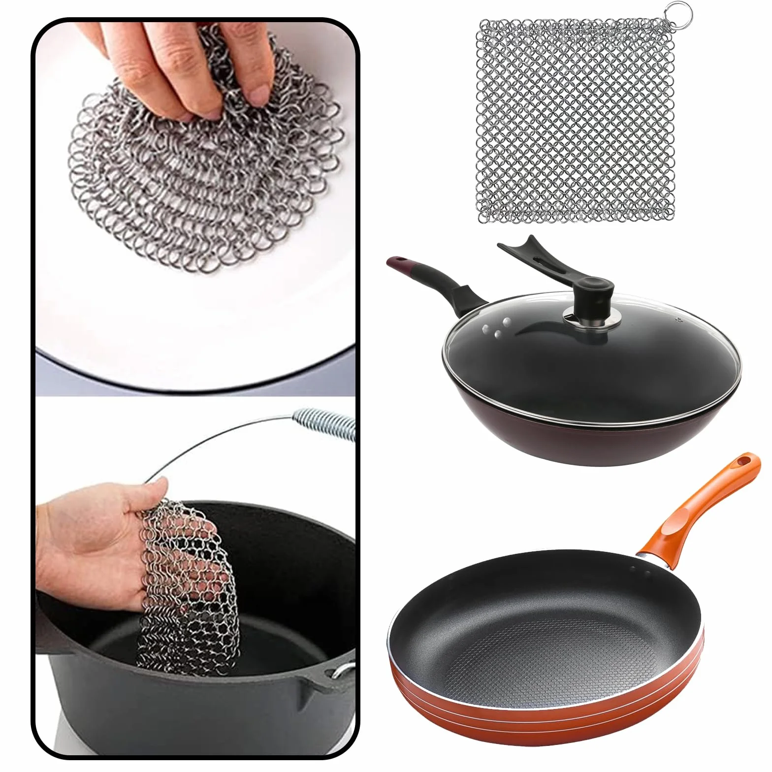 Środek do czyszczenia żeliwa ze stali nierdzewnej, skrobak Chainmail z wytrzymałym plastikowym skrobaczem do grilla i samoprzylepnymi haczykami do czyszczenia patelni żeliwnych lub woków i więcej