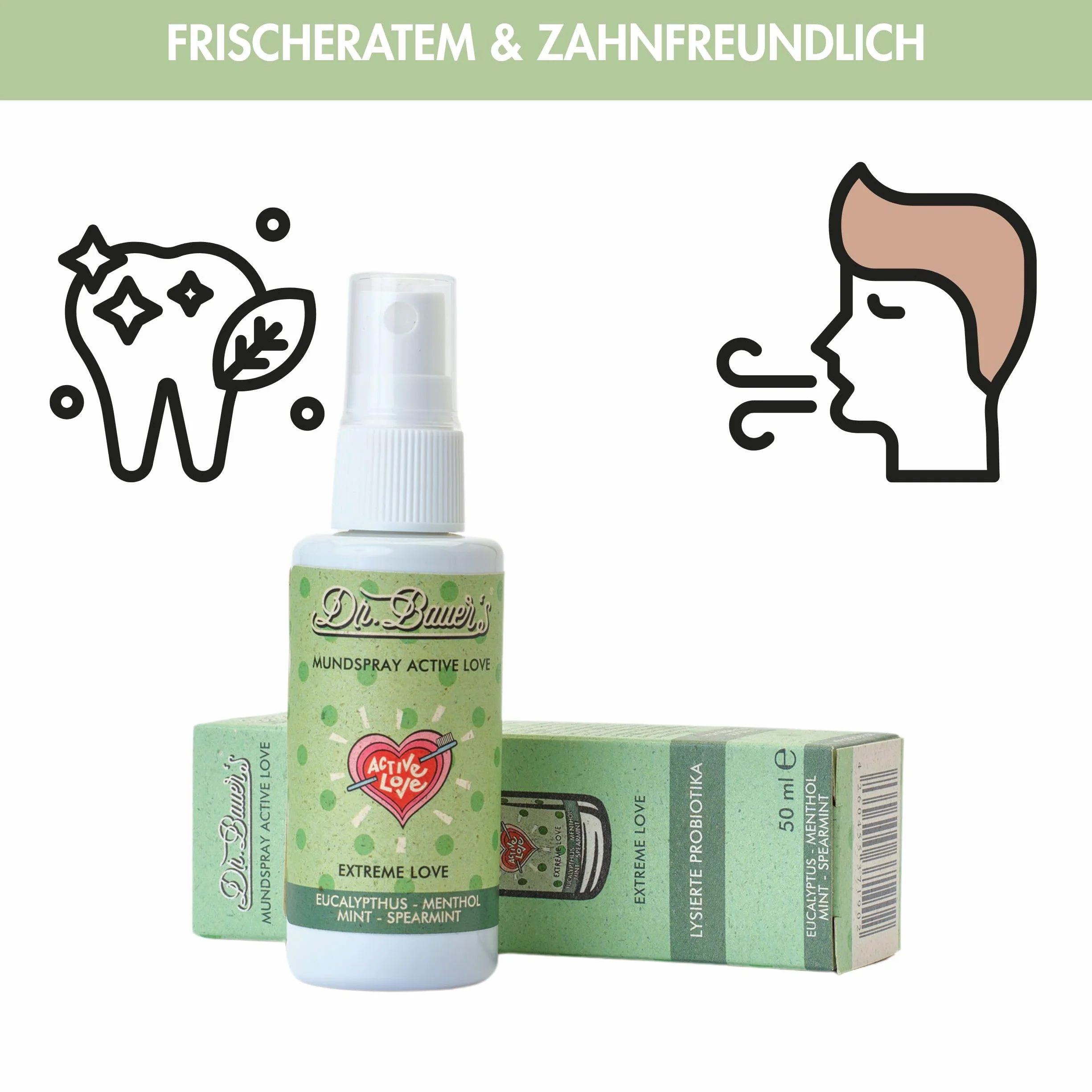 Dr. Bauer's Extreme Love Spray do ust 50 ml – mocna świeżość mięty, wegański, bez alkoholu