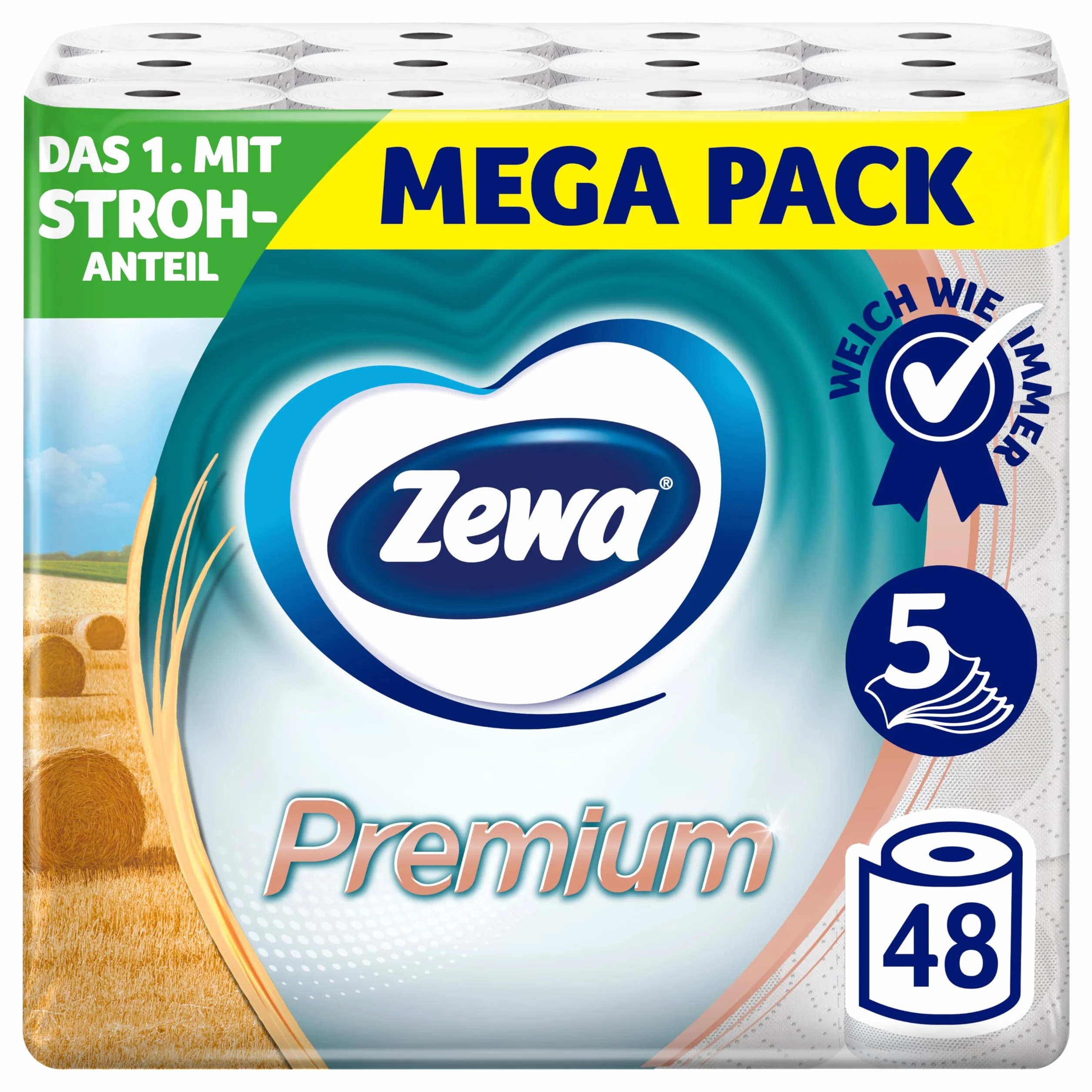 Zewa Papier toaletowy premium ze słomką, 6 x 8 rolek, 5 warstw, opakowanie zbiorcze