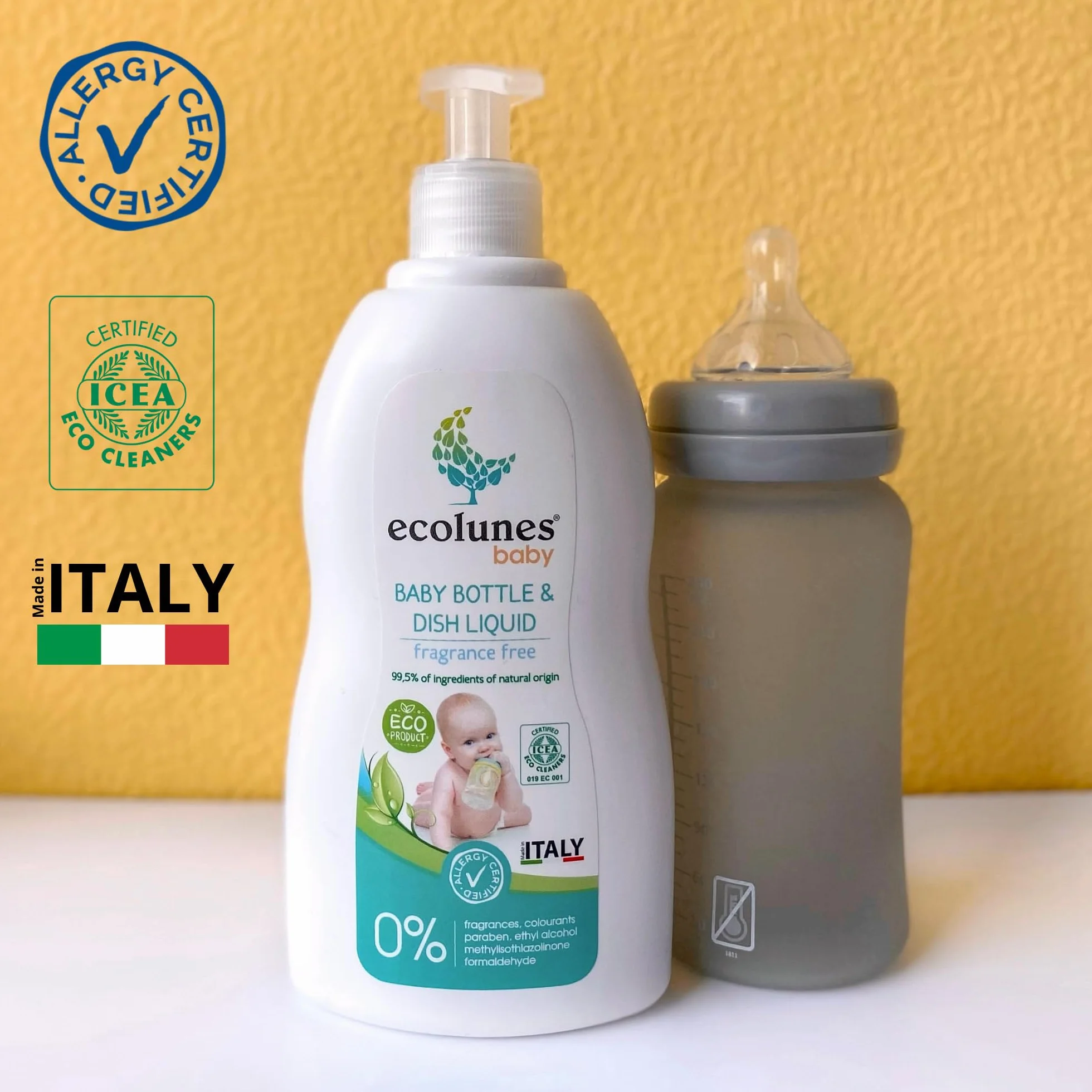 Ecolunes Baby Bottle and Dish Liquid fragrance free, Bezzapachowy płyn do butelek i naczyń 99,5% składników pochodzenia naturalnego, nie powoduje alergii, testowany dermatologicznie, 750 ml