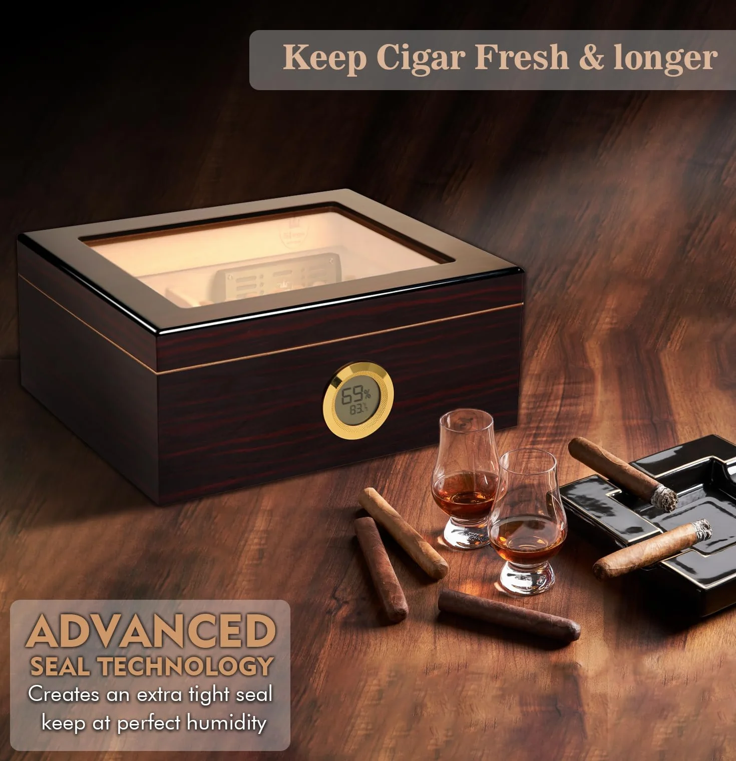 Humidor do cygar, ręcznie wykonany humidor cygara, hiszpański cygara, cedrowy, cyfrowy higrometr, nawilżacz, rozdzielacz, prezent dla mężczyzn (30-50 cygar)