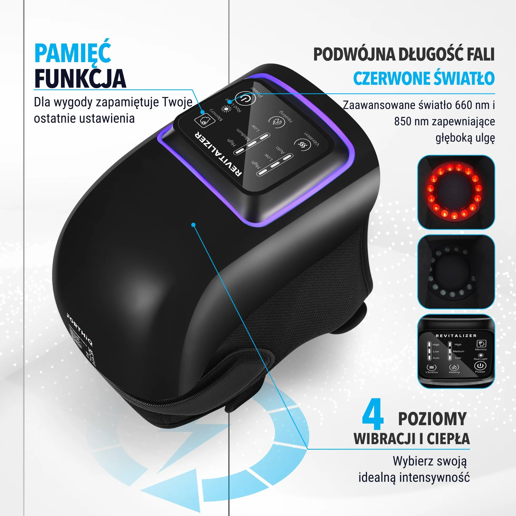 FORTHiQ Pro+ Masażer Kolana z Ciepłem i Czerwonym Światłem Bezprzewodowy Regulowane Paski