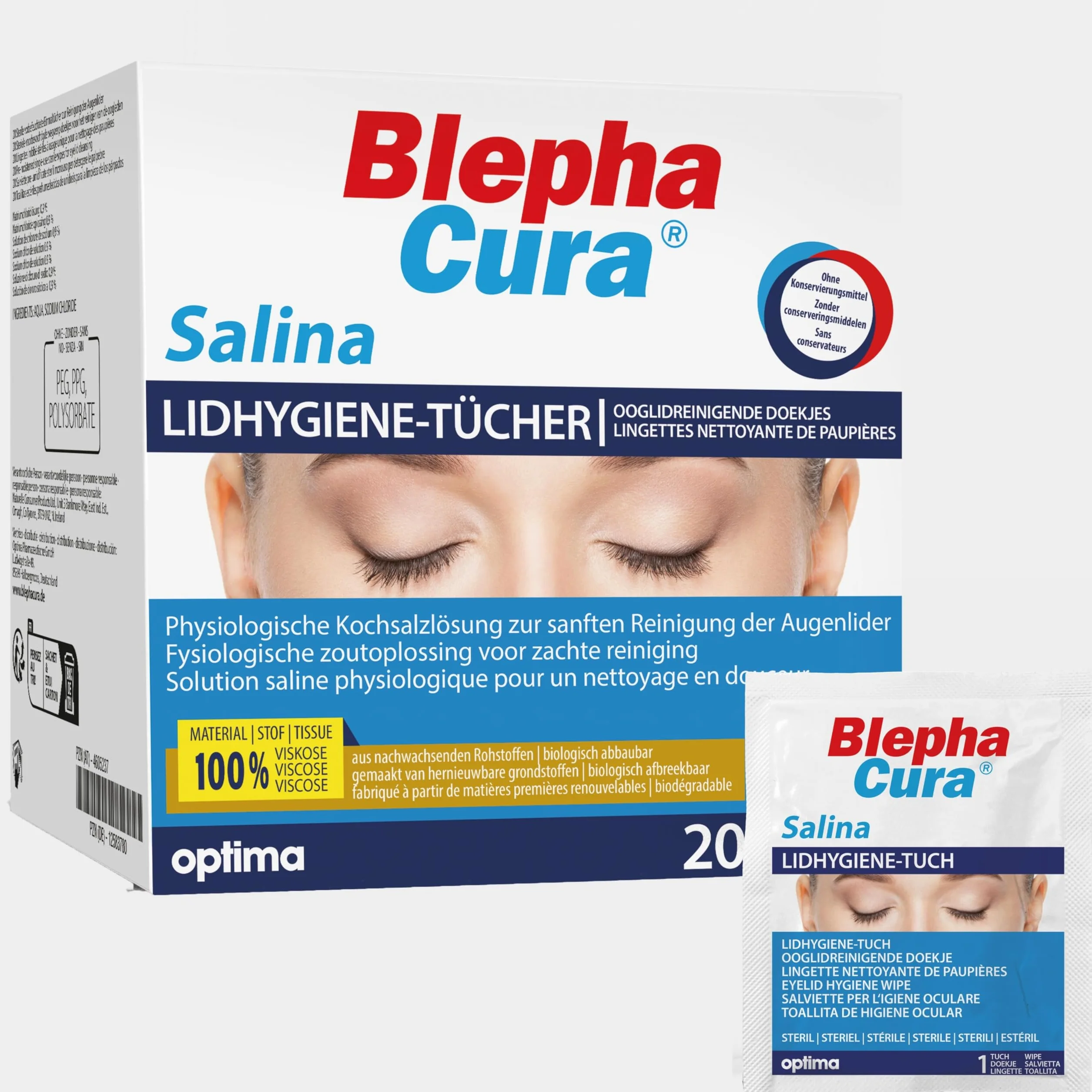 BlephaCura SALINA Lidhygiene-Tücher, sterile vorbefeuchtete Einmaltücher zur Reinigung der Augenlider, 20 Sztuka Ściereczki