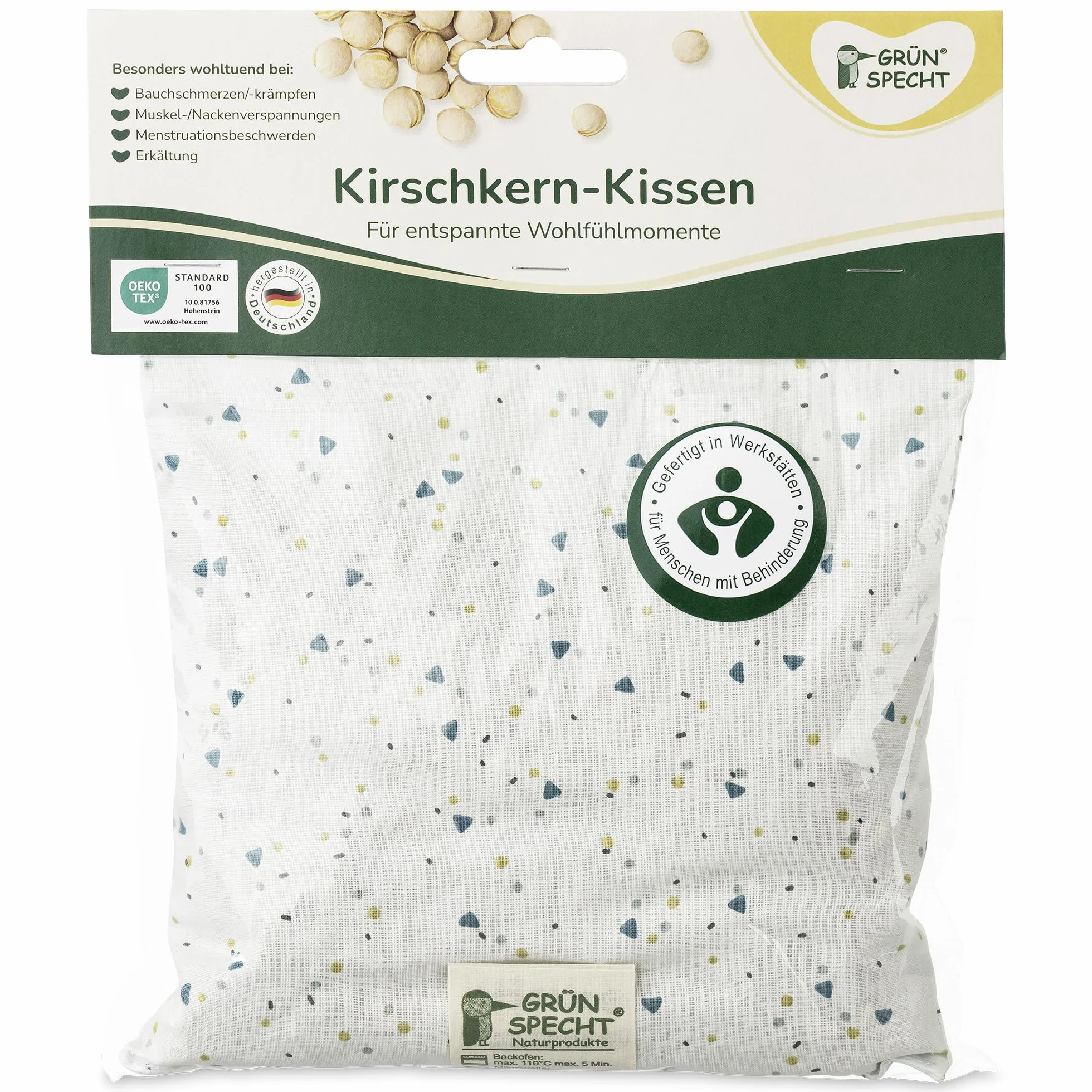 GRÜNSPECHT Poduszka z pestkami wiśni 19 x 19 cm, rozgrzewająca na kark, brzuch i plecy, 100% bawełna, do mikrofalówki i piekarnika, zielona