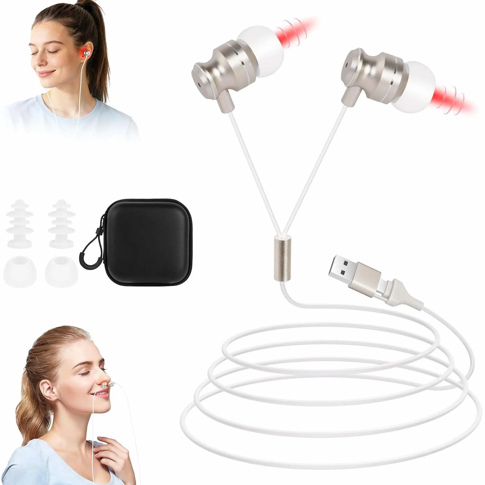 Aolso Terapia światłem czerwonym do uszu 650 nm 2 w 1 USB i typ C urządzenie łagodzące szumy uszne
