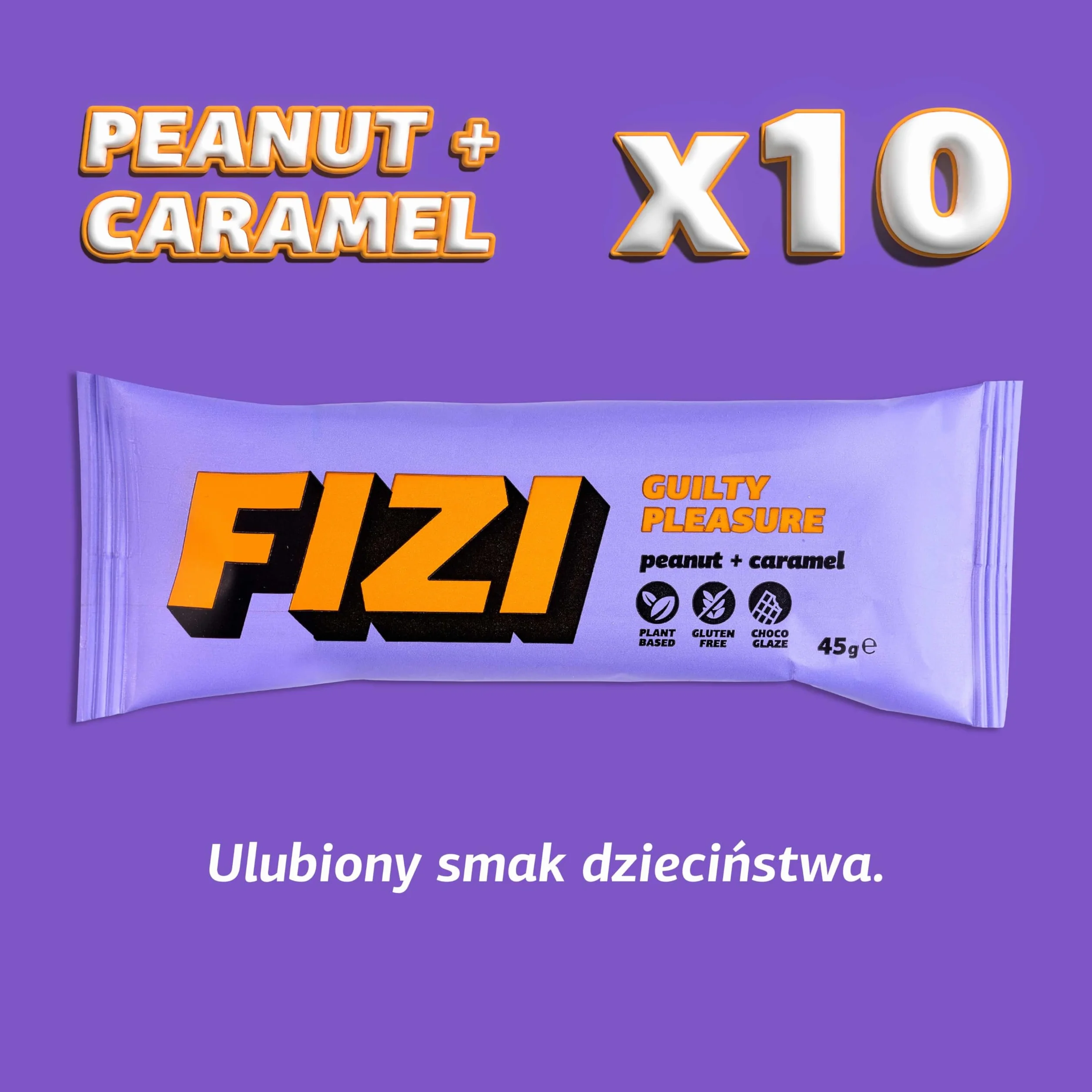 FIZI Czekoladowe Batony Wegańskie Orzech Ziemny i Karmel, Baton na bazie roślin, w czekoladowej polewie, Bez rafinowanego cukru, Bez glutenu, Bez GMO, Bez laktozy, Idealna przekąska w podróży (10x45g)