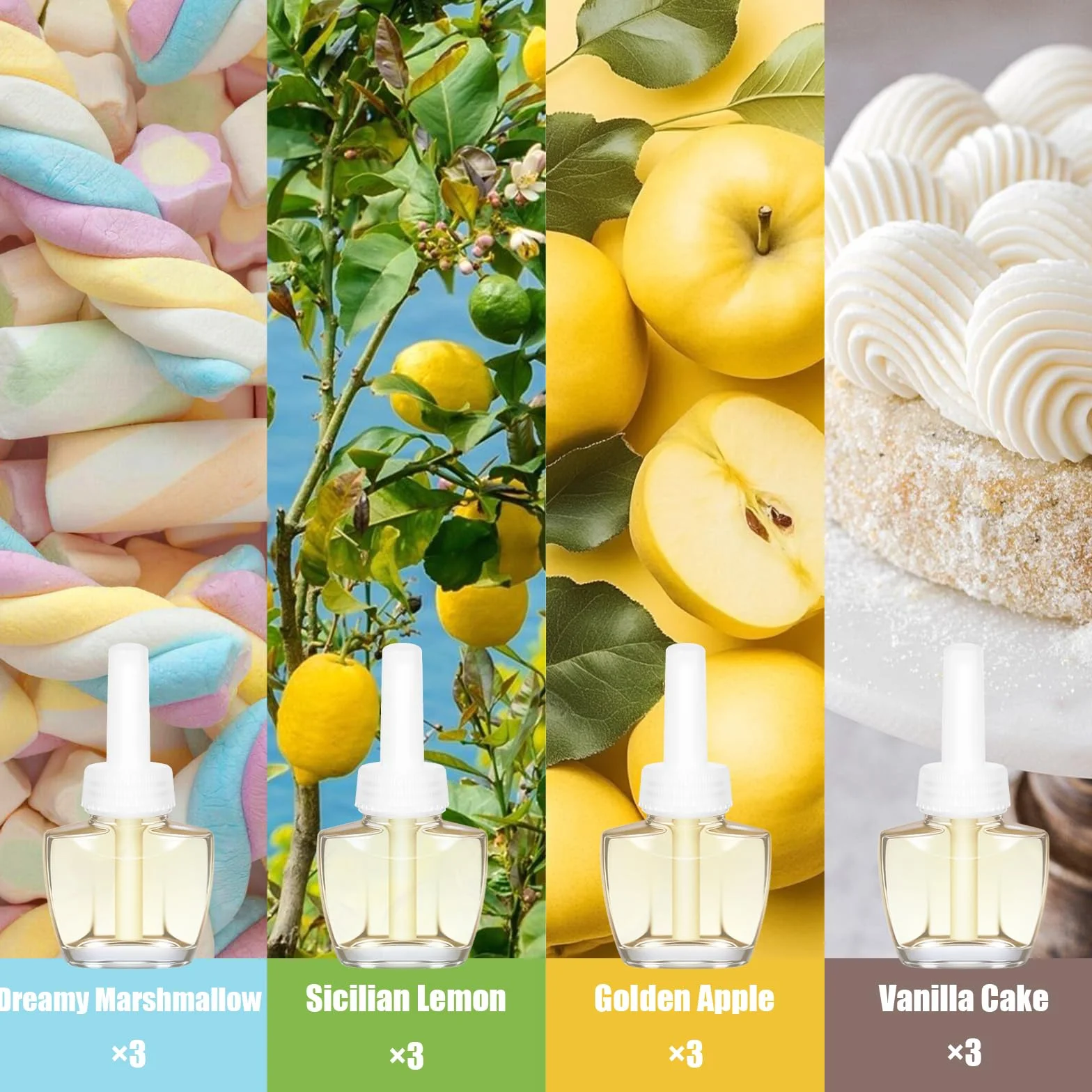 SCENTORINI Napełniacz flakonu olejku zapachowego, kompatybilny z wtyczkami zapachowymi Air Wick i Glade, 12 x 19 ml, marzycielski marshmallow, sycylijska cytryna, złote jabłko, ciasto waniliowe