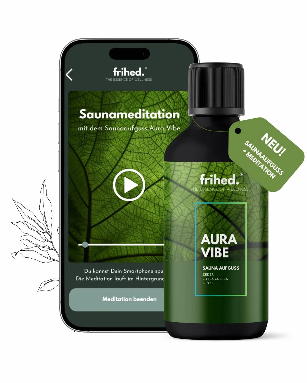 frihed.® Napar do sauny premium z aplikacją do medytacji, środek do zaparzania wszystkich rodzajów sauny, długotrwały zapach sauny, bardzo wysokiej jakości olej, pomysł na prezent (Aura Vibe, 100 ml)