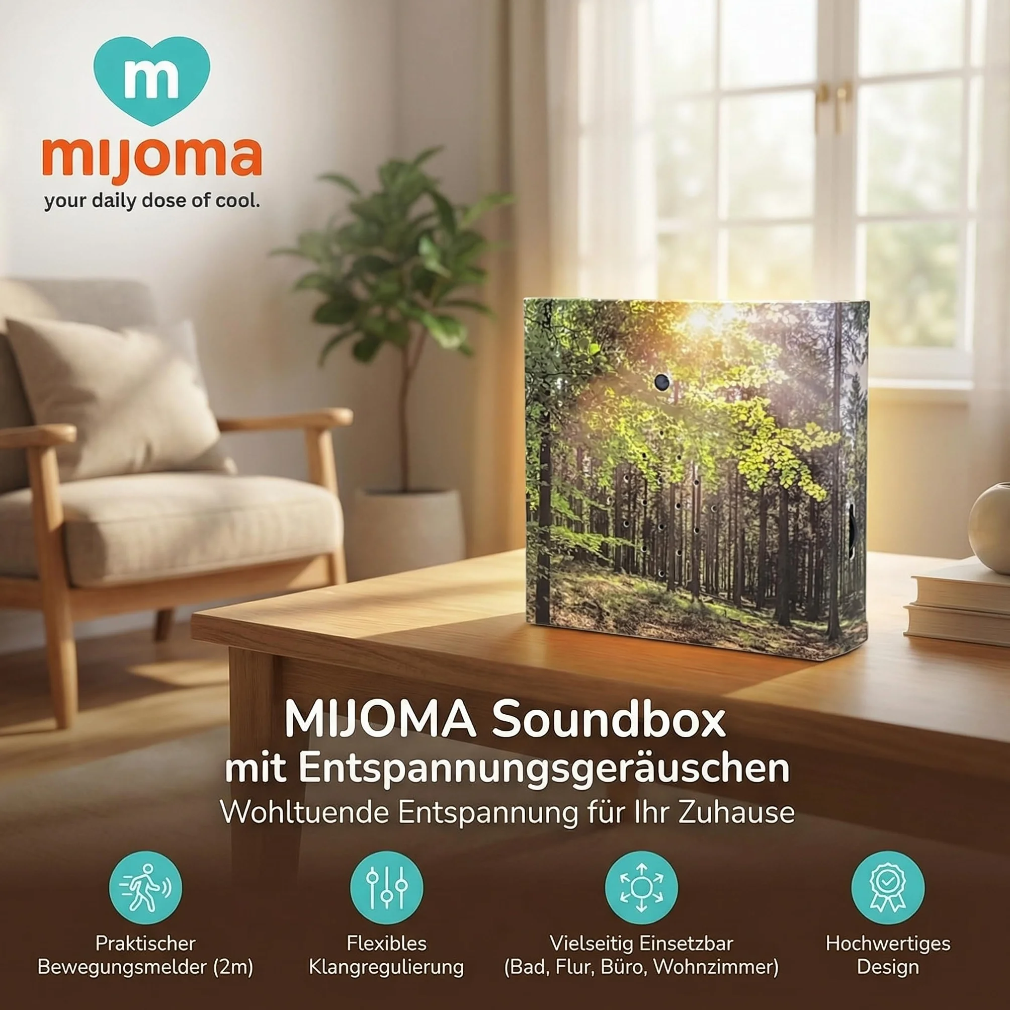 MIJOMA Soundbox z śpiewem ptaków i leśną scenerią – kojący relaks w Twoim domu | głośnik, czujnik ruchu i przełącznik wł./wył. | idealny do łazienki, korytarza, biura i salonu | 12 x 12 cm (las)