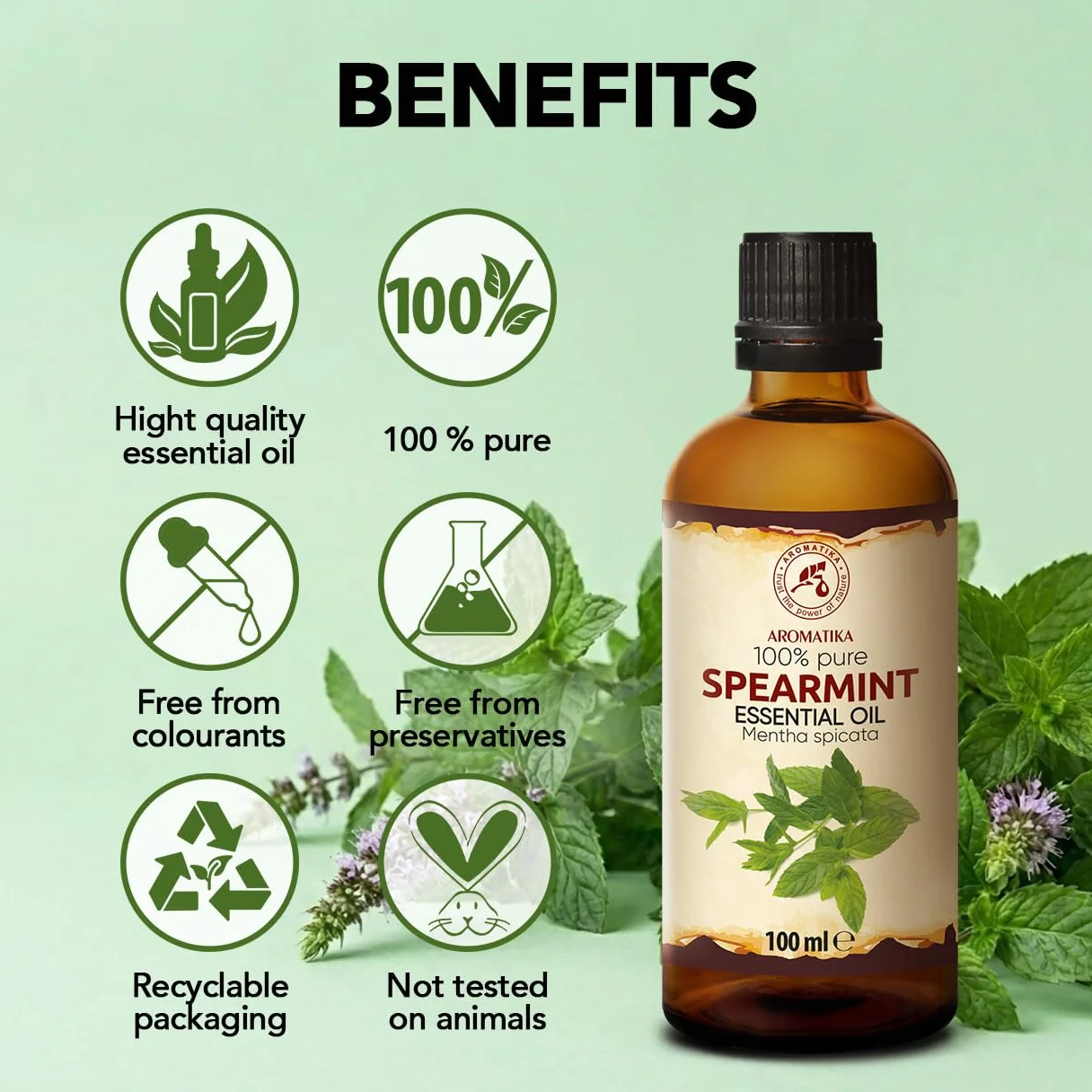 Spearmint Essential Oil 100ml - Mentha Spicata - 100% Natural - Good for Relax - Calming - Good Night - Home Fragrances - Beauty - SPA - Diffuser - Aroma Lamps