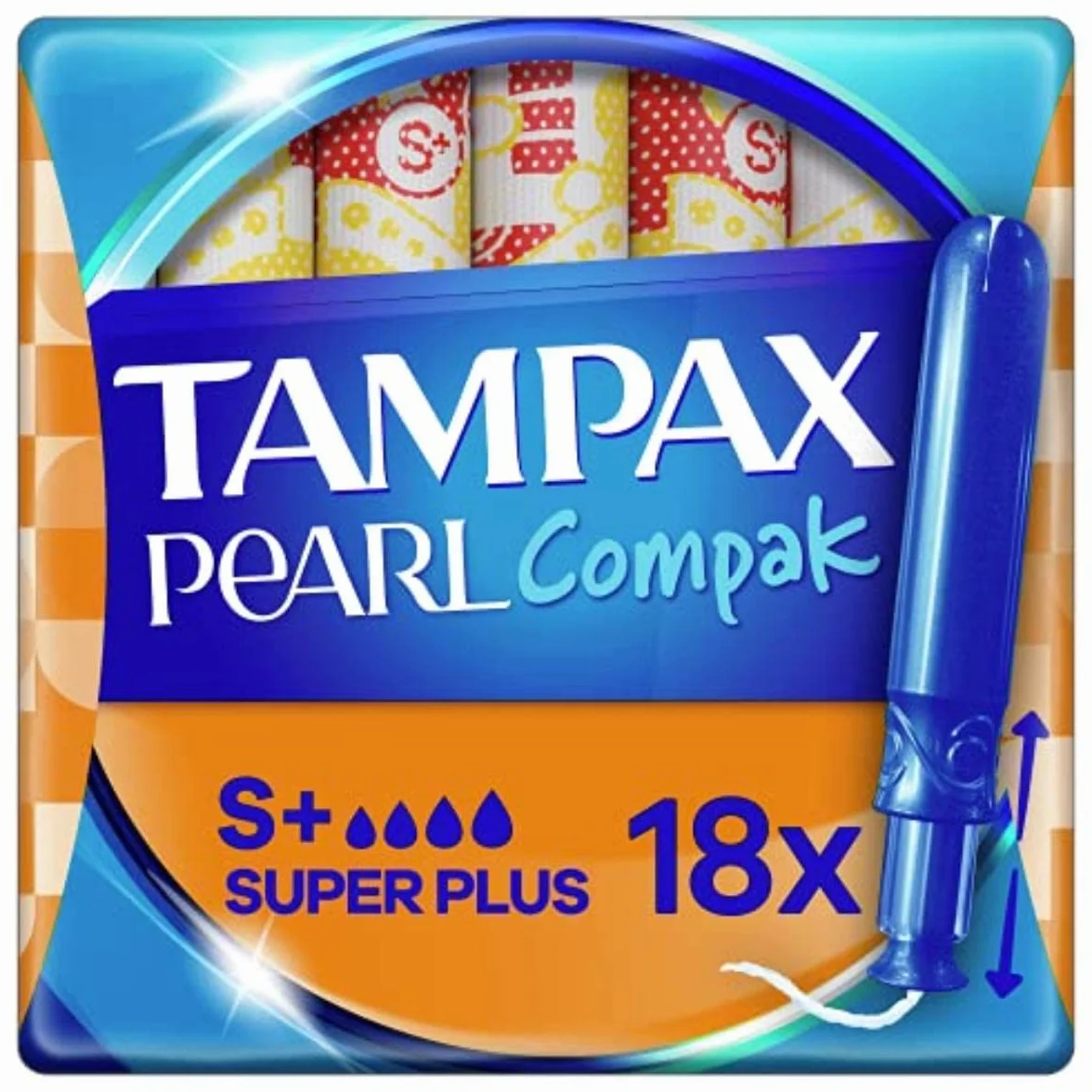 Tampax Compak Pearl, Super Plus, 18 stempli z aplikatorem, obfitym przepływem, potrójny komfort z miękkim aplikatorem, MotionFit, miękki woal, certyfikat Oeko-Tex