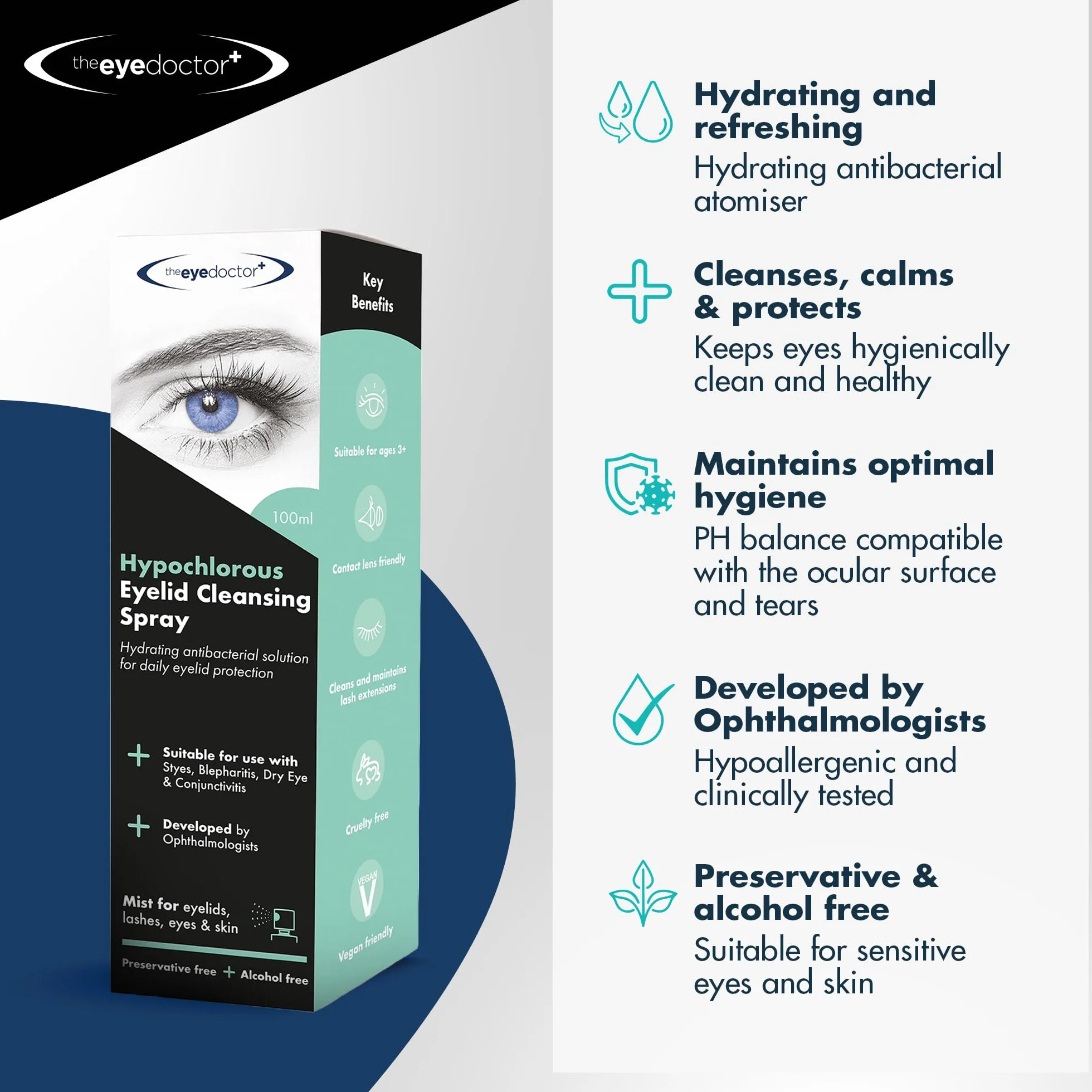 The Eye Doctor Hipochlorous Spray do oczyszczania powiek – hipoalergiczny spray do oczu o właściwościach antybakteryjnych do suchych oczu, zapalenia powiek i MGD, konserwujący i bezalkoholowy, przyjazny dla soczewek kontaktowych, 100 ml