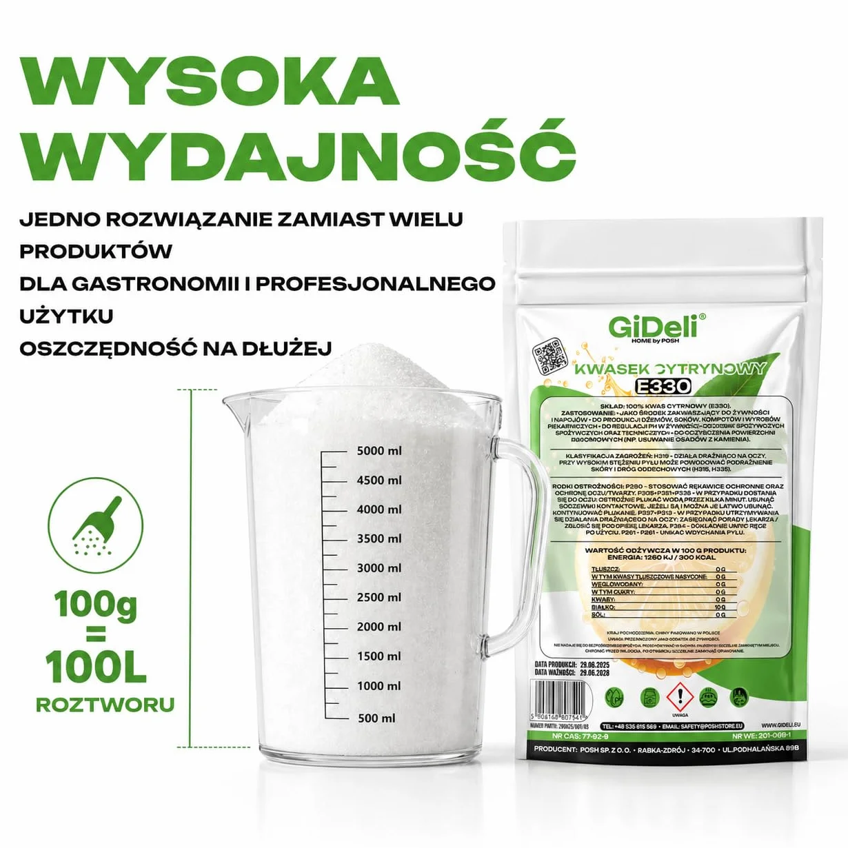 GiDeli Kwas Cytrynowy 2x1kg - E330 Jakość Spożywcza w Proszku - Regulator Kwasowości Idealny do Czyszczenia, Odkamieniania, Pieczenia i Gotowania - Produkt Naturalny bez GMO