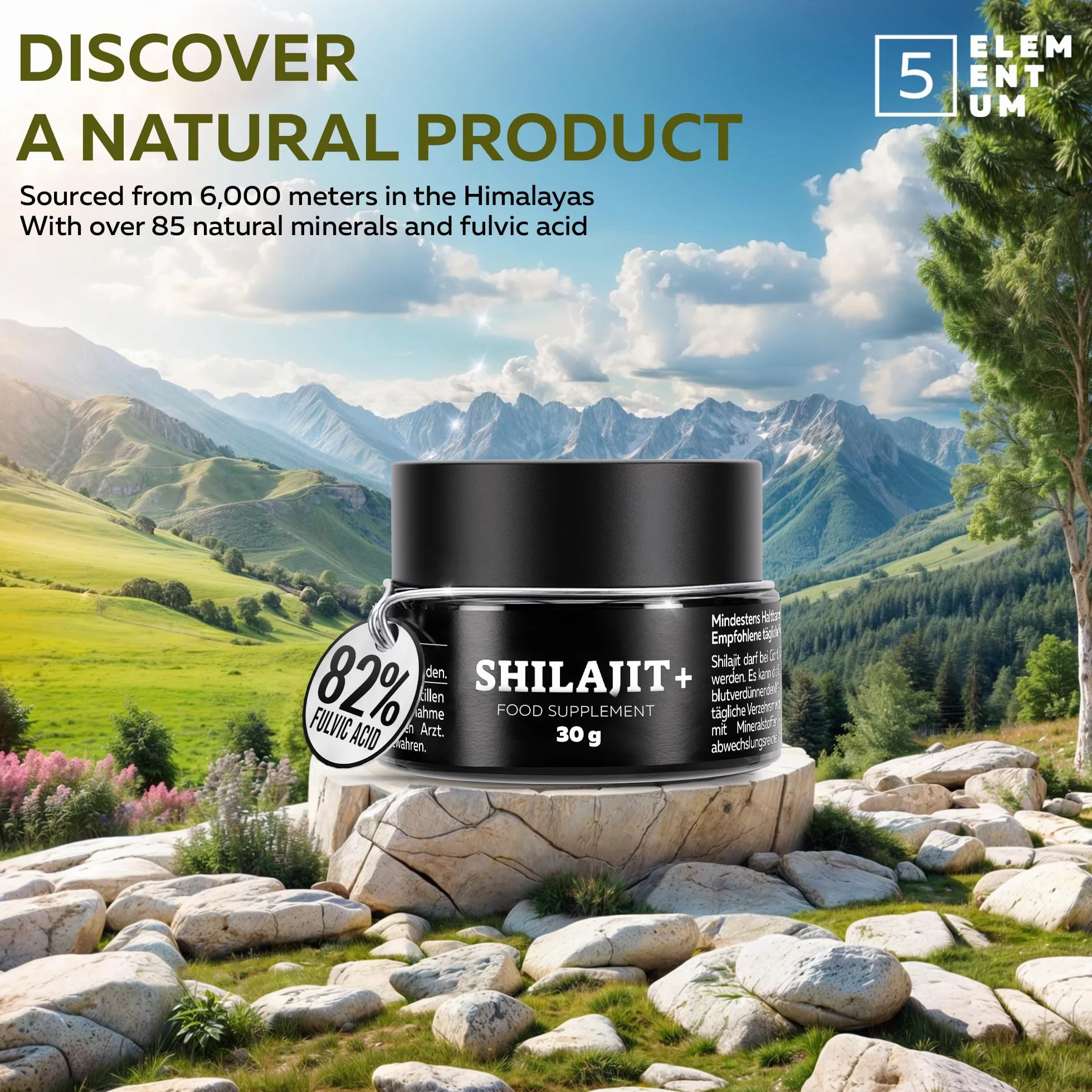 Shilajit Oryginalne Himalajskie Żywice – 85% Kwas Fulwowy – Z 87+ Naturalnymi Minerałami – Czyste Mumijo z Indii – Wegańskie, Bezglutenowe, Zbadane w Laboratorium (Eurofins) – 30 g = Zapas na 60 Dni