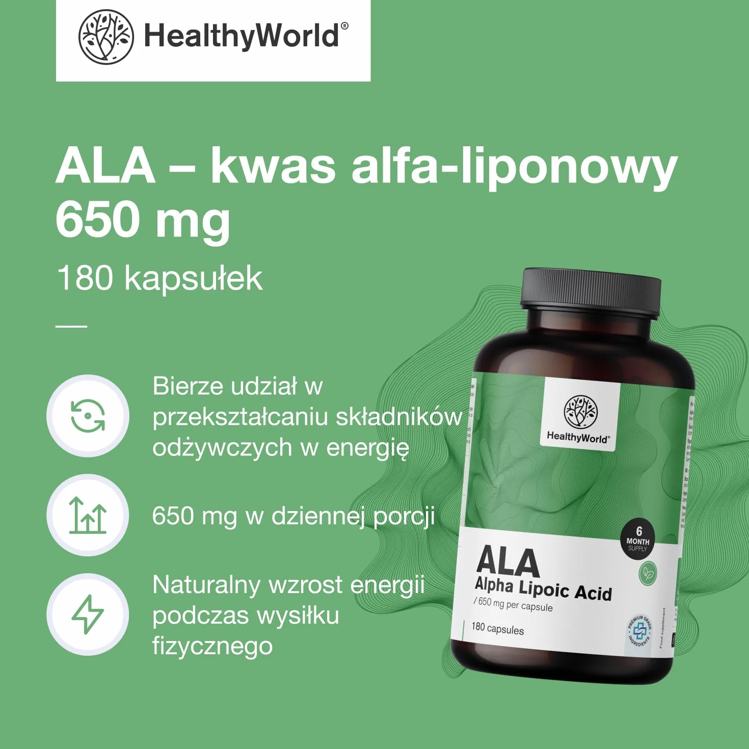 HealthyWorld ALA – Kwas Alfa-Liponowy – 650 mg w Dziennej Porcji – 180 Kapsułek Roślinnych – Zwiększenie Energii – 6-Miesięczny Zapas – Świetna Przyswajalność