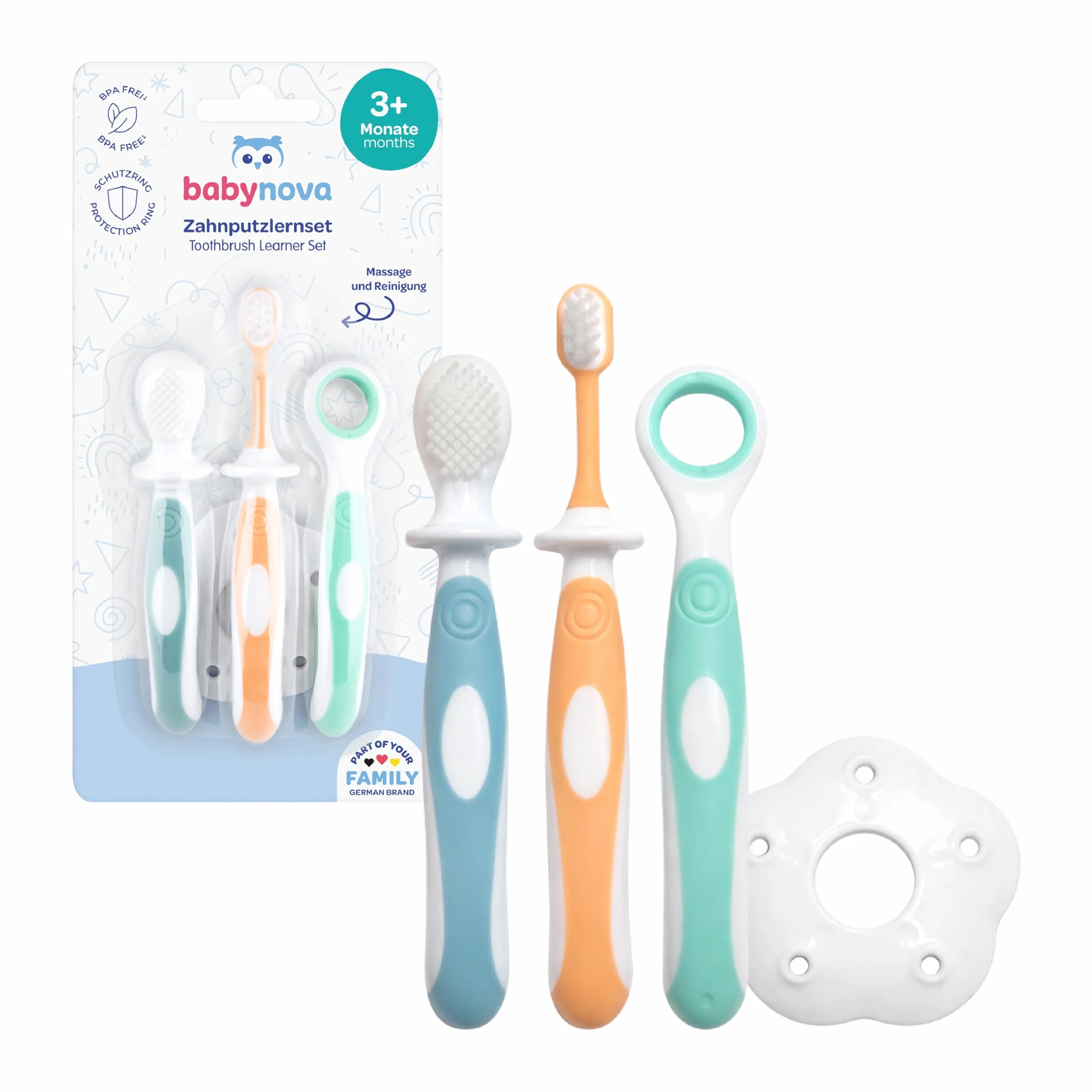 babynova Zestaw Startowy do Pielęgnacji Zębów Szczoteczki dla Niemowląt od 6 Miesiąca Treningowa z Pierścieniem Ochronnym