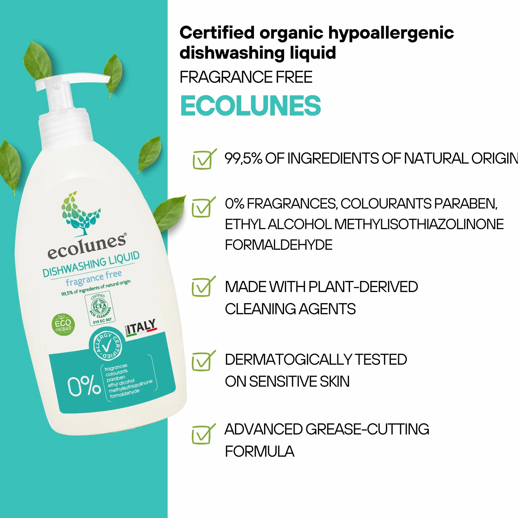 Ecolunes Dishwashing Liquid Fragrance Free hipoalergiczny, bezzapachowy płyn do mycia naczyń, w 99,5% z naturalnych składników, stworzony specjalnie dla osób o wrażliwej skórze, 500ml