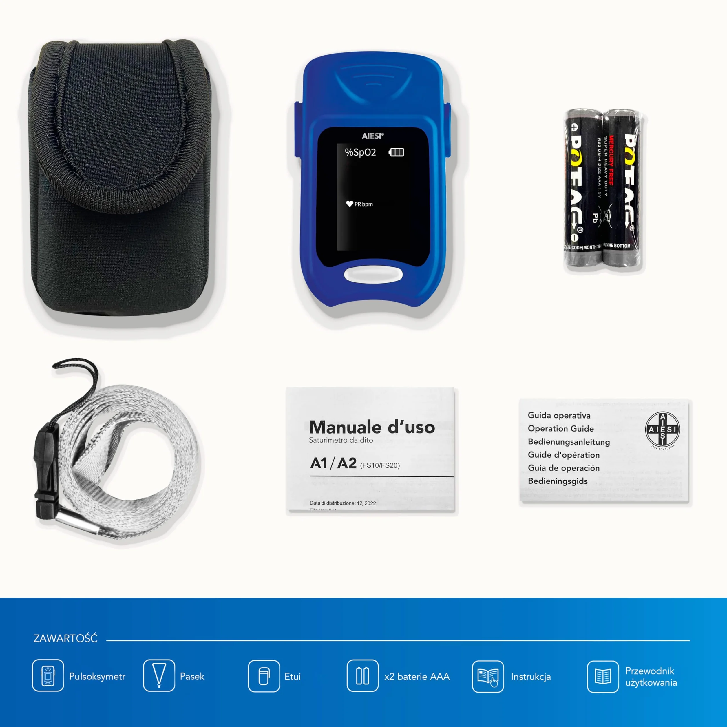 AIESI® Profesjonalny pulsoksymetr napalcowy z certyfikatem Pulsoksymetr z wyświetlaczem LED o wysokiej jasności A1, baterie, etui, instrukcja w języku włoskim, 24-miesięczna gwarancja włoska