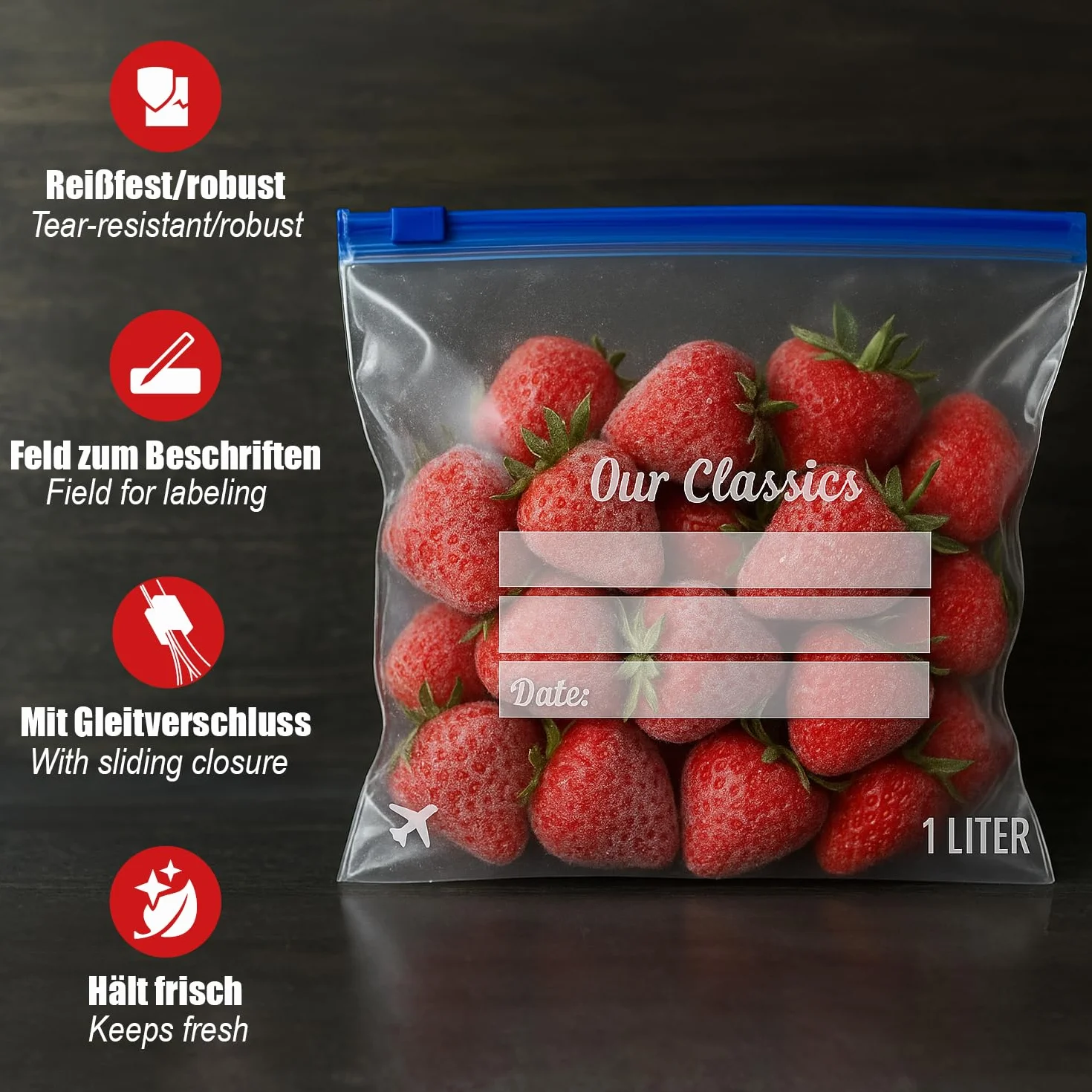 COM-FOUR® Torebki do zamrażarki 1L 60 sztuk zamykane do przechowywania żywności -40°C