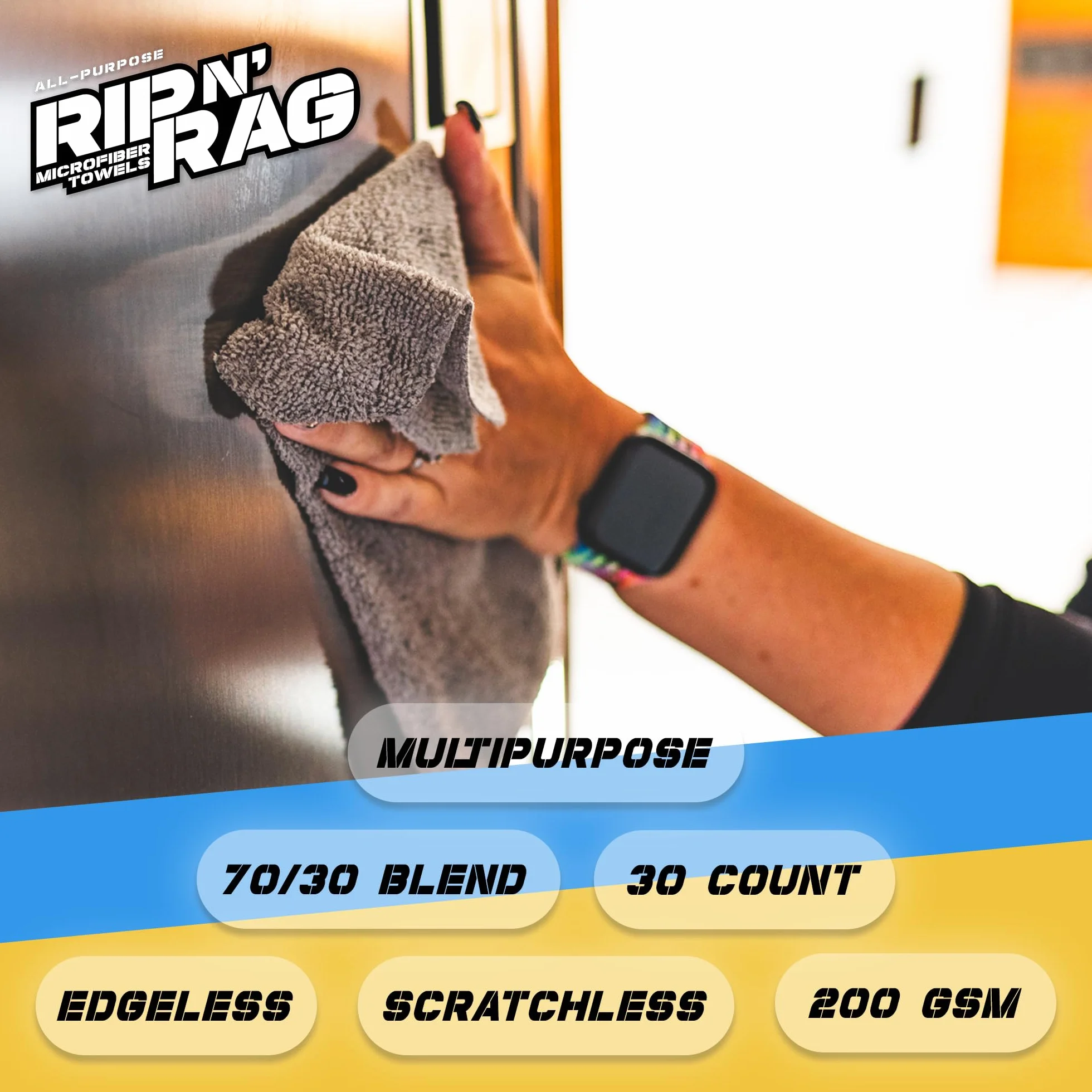 The Rag Company Wielofunkcyjne ręczniki z mikrofibry wielokrotnego użytku Rip N' Rag do domu, biura, garażu, kampera i innych - rolka 30 sztuk - mieszanka premium 70/30-200 g/m²