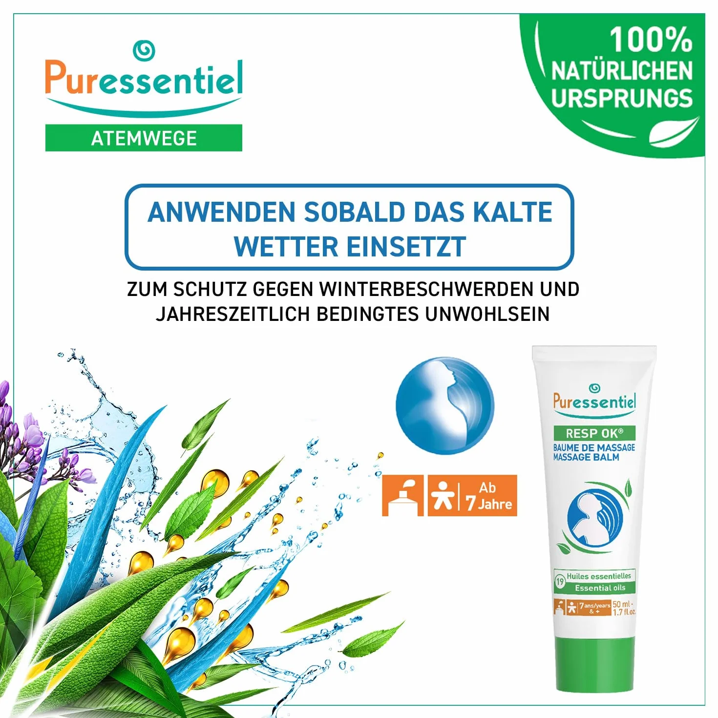 Puressentiel Resp ok Balsam 50 ml - Zimowe dolegliwości i wrażliwość sezonowa - 100% naturalne pochodzenie