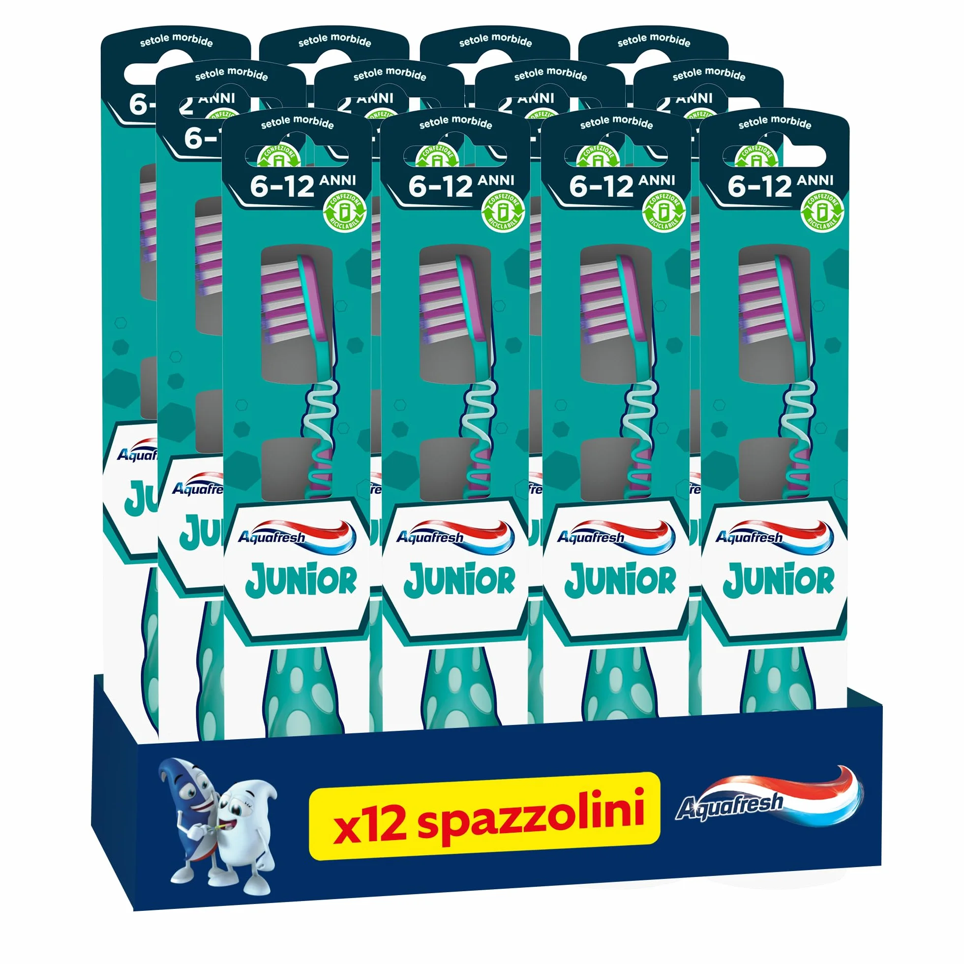 Aquafresh Junior Szczoteczka do zębów dla dzieci 6-12 lat, miękkie włosie, 12 szt