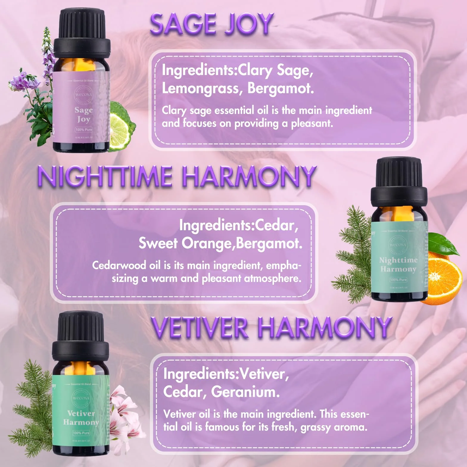Zestaw olejków eterycznych do spania - Sage Joy, Nighttime Harmony, Vetiver Harmony, Peaceful Night, Geranium Peace, Tranquil Night - Aromaterapia i dyfuzor