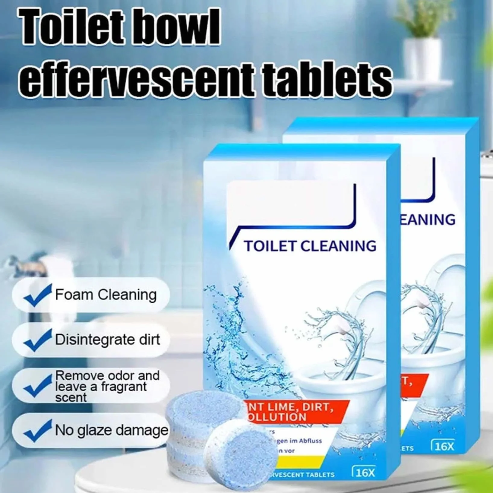 Tabletki do czyszczenia toalety o zapachu cytrynowym, tabletki do czyszczenia WC, 16 tabletek w opakowaniu, skutecznie usuwają kamień i zapachy o długotrwałym zapachu, świeży zapach (A, 1 szt.)