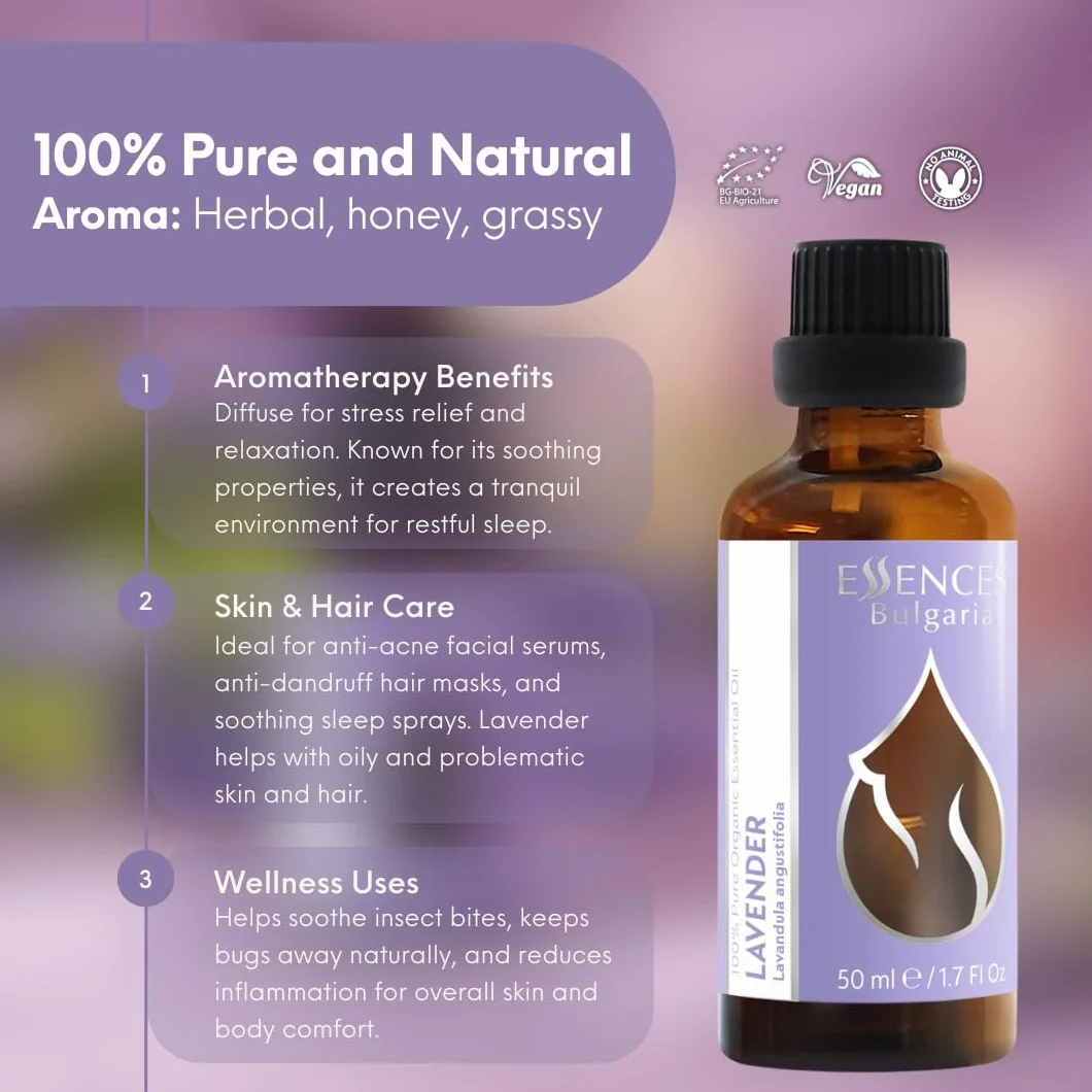 Essences Bułgaria Organiczny Olejek Eteryczny z Lawendy 50ml Lavandula angustifolia | 100% Czysty i Naturalny | Nierozcieńczony | Klasa terapeutyczna | Gospodarstwo rodzinne | Destylowany z parą wodną