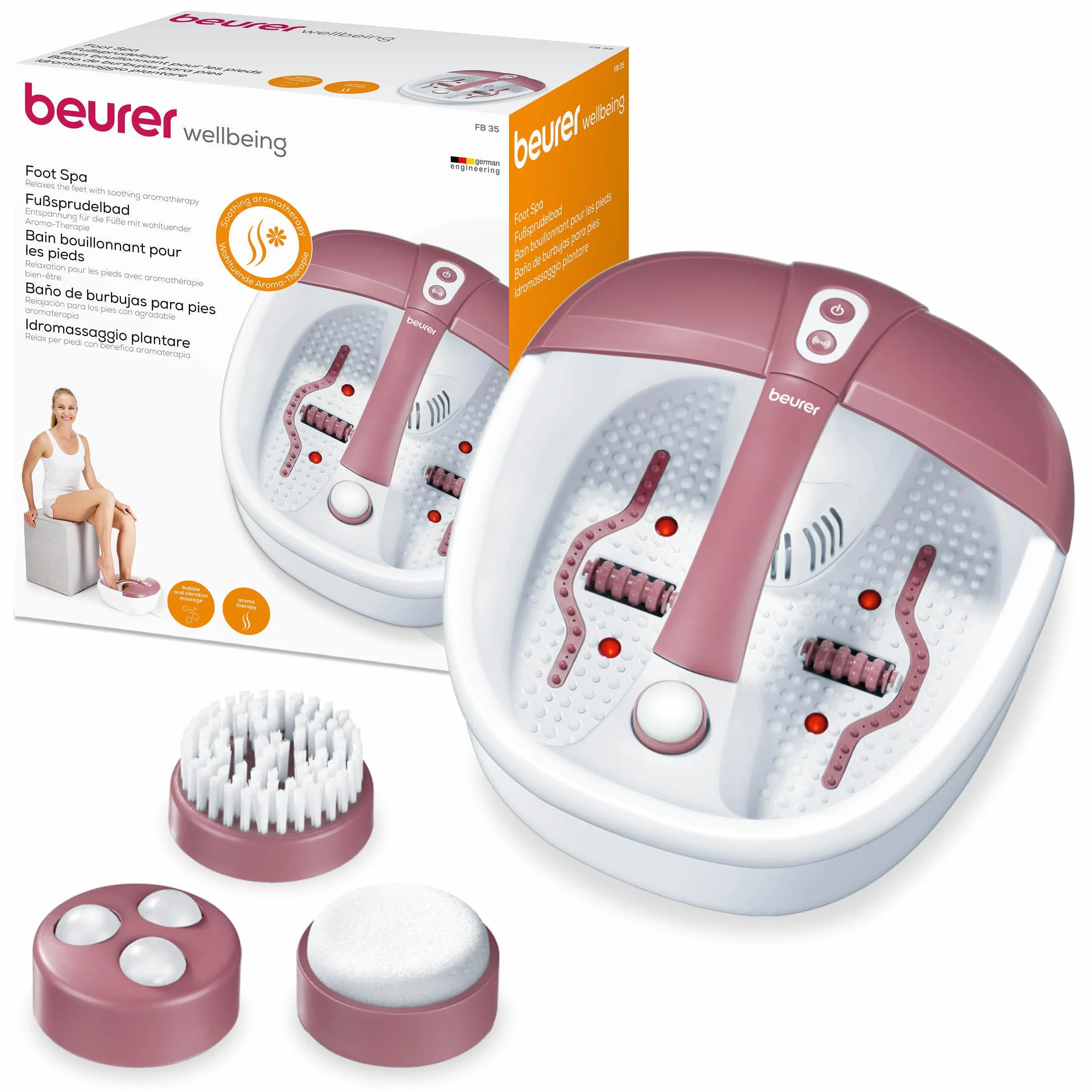 Beurer FB 35 kąpiel perełkowa do stóp z masażem wibracyjnym i bąbelkowym, 3 wymienne nasadki do pedicure, podgrzewanie wody, światło podczerwone, aromaterapia, do rozmiaru buta 44