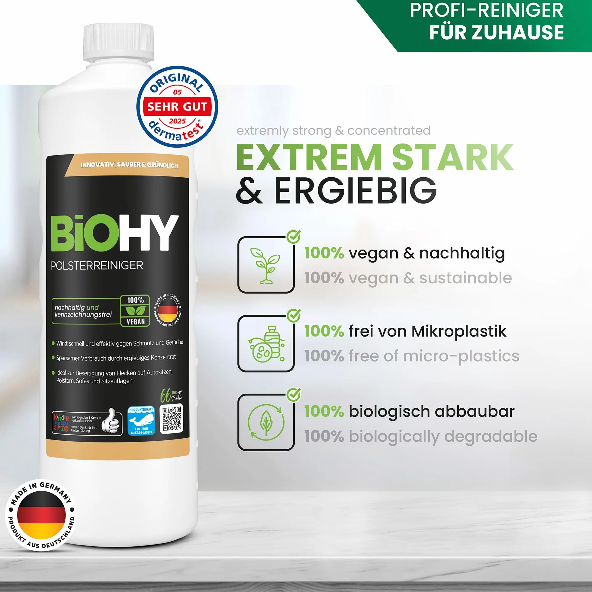 BiOHY środek do czyszczenia tapicerki (butelka 1l) | Idealny do sof, tapicerki, dywanów i tekstyliów | Nadaje się również do odkurzaczy | Usuwa wszelkie plamy (Polsterreiniger)
