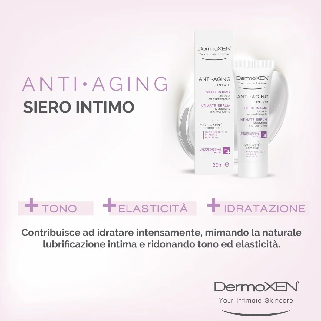DERMOXEN ANTI-AGING Serum intymne dla kobiet 30 ml | Nawilżające i łagodzące serum do skóry wrażliwej i suchej l | Z kwasem hialuronowym, witaminą E, pH 4, bez konserwantów