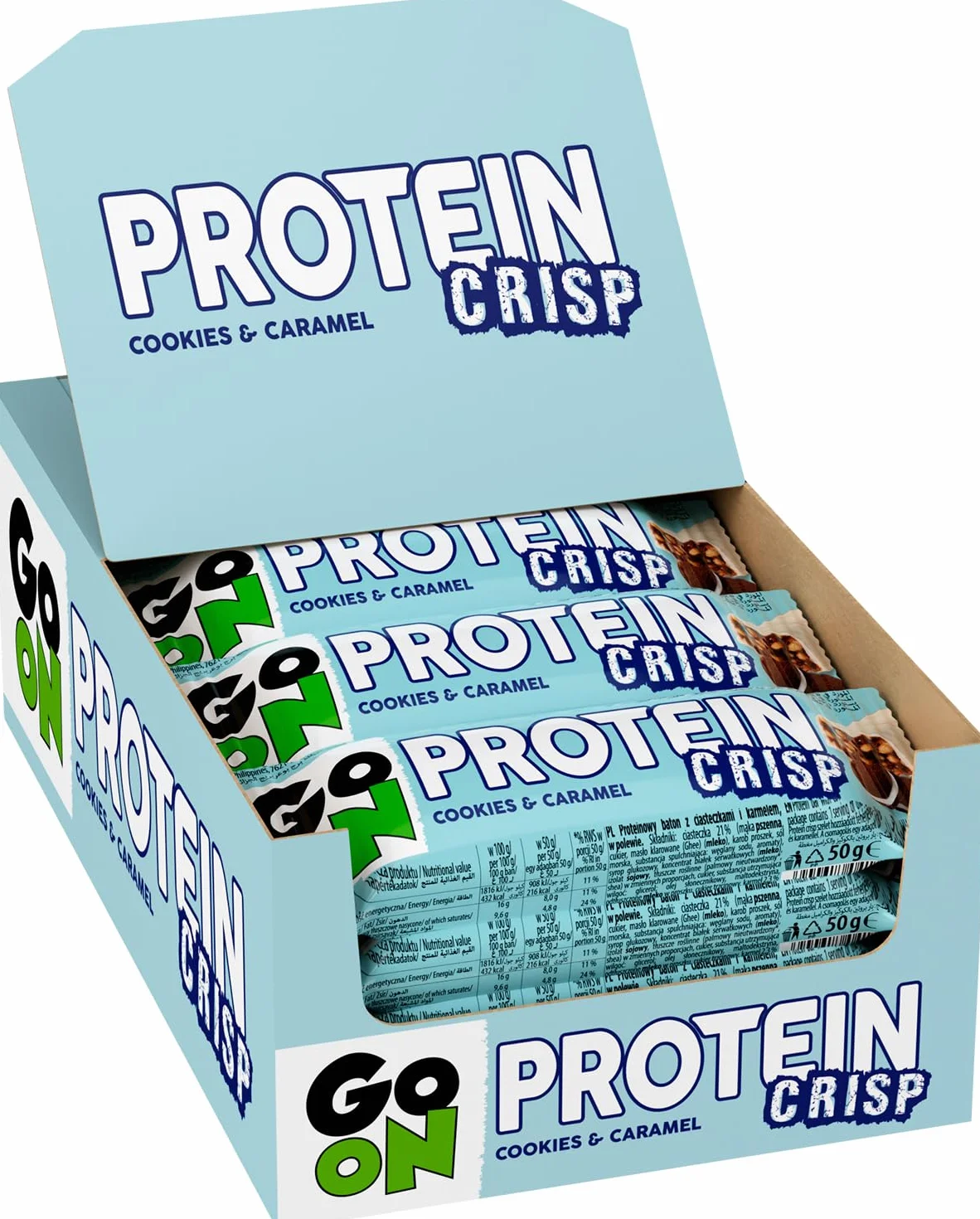 GO ON - Batony proteinowe Crisp 24 x 50 g, Batony białkowe, Odżywcze, Sportness Fitness Snacks, Idealne dla osób aktywnych - Ciasteczka i karmel