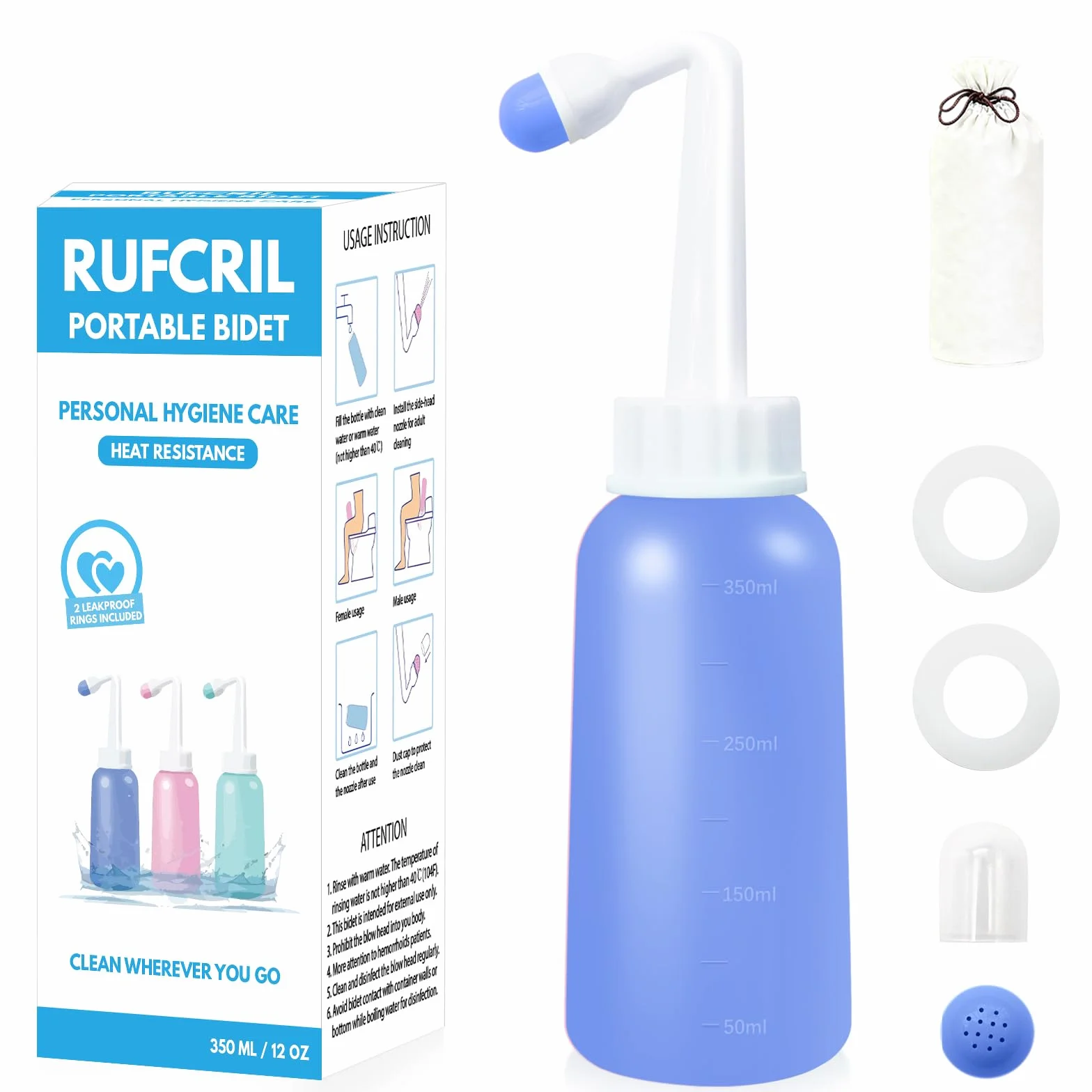 RUFCRIL Mini Peri Bottle 350 ml przenośny bidet podróżny z pierścieniem i torbą TPE odporny na wysokie temperatury