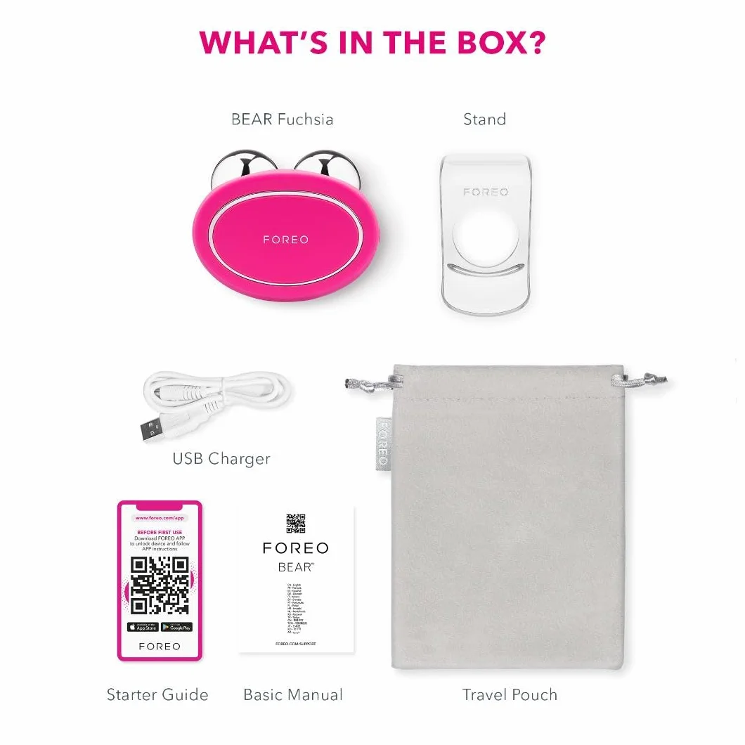 FOREO BEAR Elektryczny mikroprądowy masaż twarzy - Definiuje kontur szczęki - Nieinwazyjne podnoszenie twarzy - Przeciw zmarszczkom - Bezpieczny i bezbolesny - Fuchsia