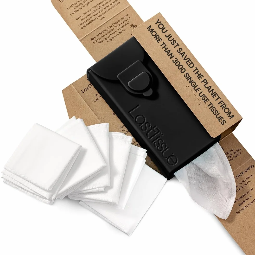 LastTissue® bawełniane chusteczki wielokrotnego użytku do twarzy i nosa dla kobiet i mężczyzn – zmywalne, ekologiczne, z etui do przechowywania - Czarne
