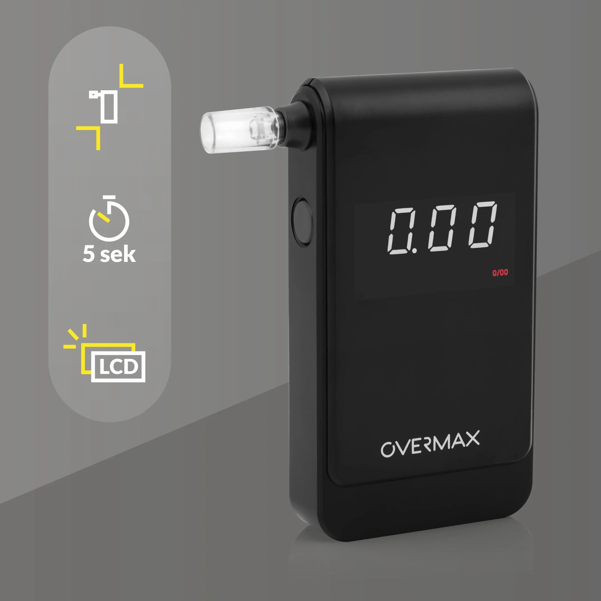 OVERMAX AD-10 Alkomat, Osobisty Miernik Alkoholu, Precyzyjny Pomiar +/- 0,05 ‰ / 0,005% BAC, 15 Ustników, Czas Reakcji 5 sekund Pamięć Pomiarów, Kalibracja, Baterie 2 x AAA