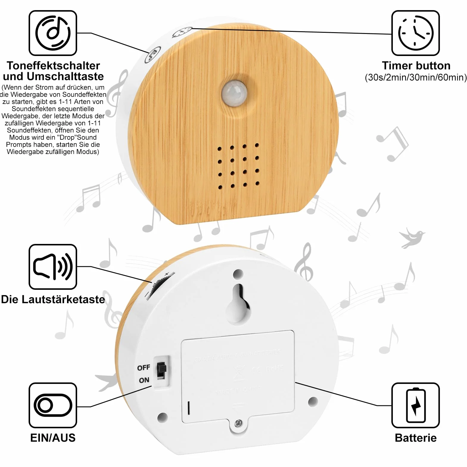 Soundbox z czujnikiem ruchu 11 odgłosów natury timer 2-60 min przyssawki