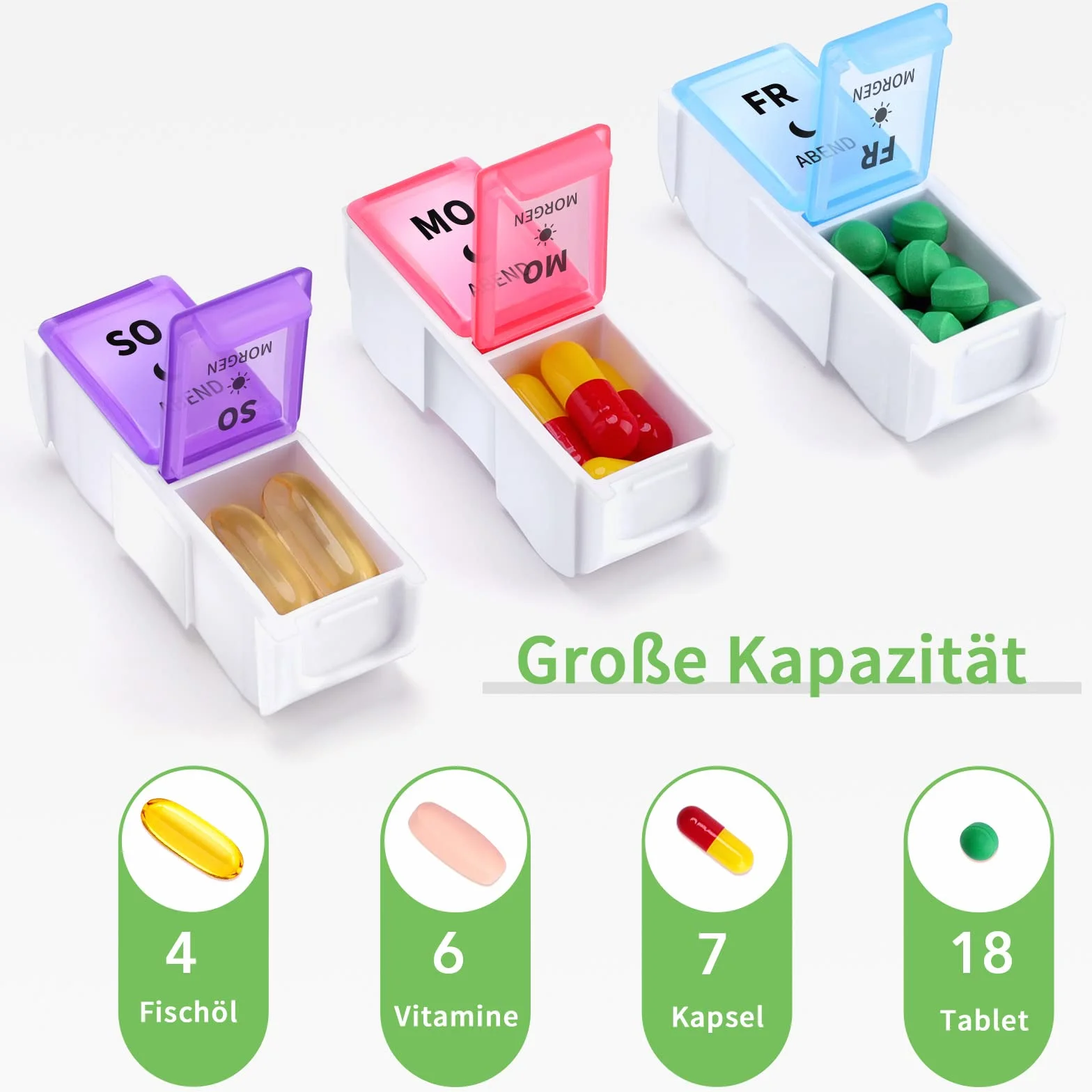 Opret Niemieckie pudełko na tabletki, 7 dni, 2 przegródki rano wieczorem, wyjmowane pudełko na tabletki, pudełko na lekarstwa, 7 dni, pudełko tygodniowe, pudełko na tabletki, 14 przegródek