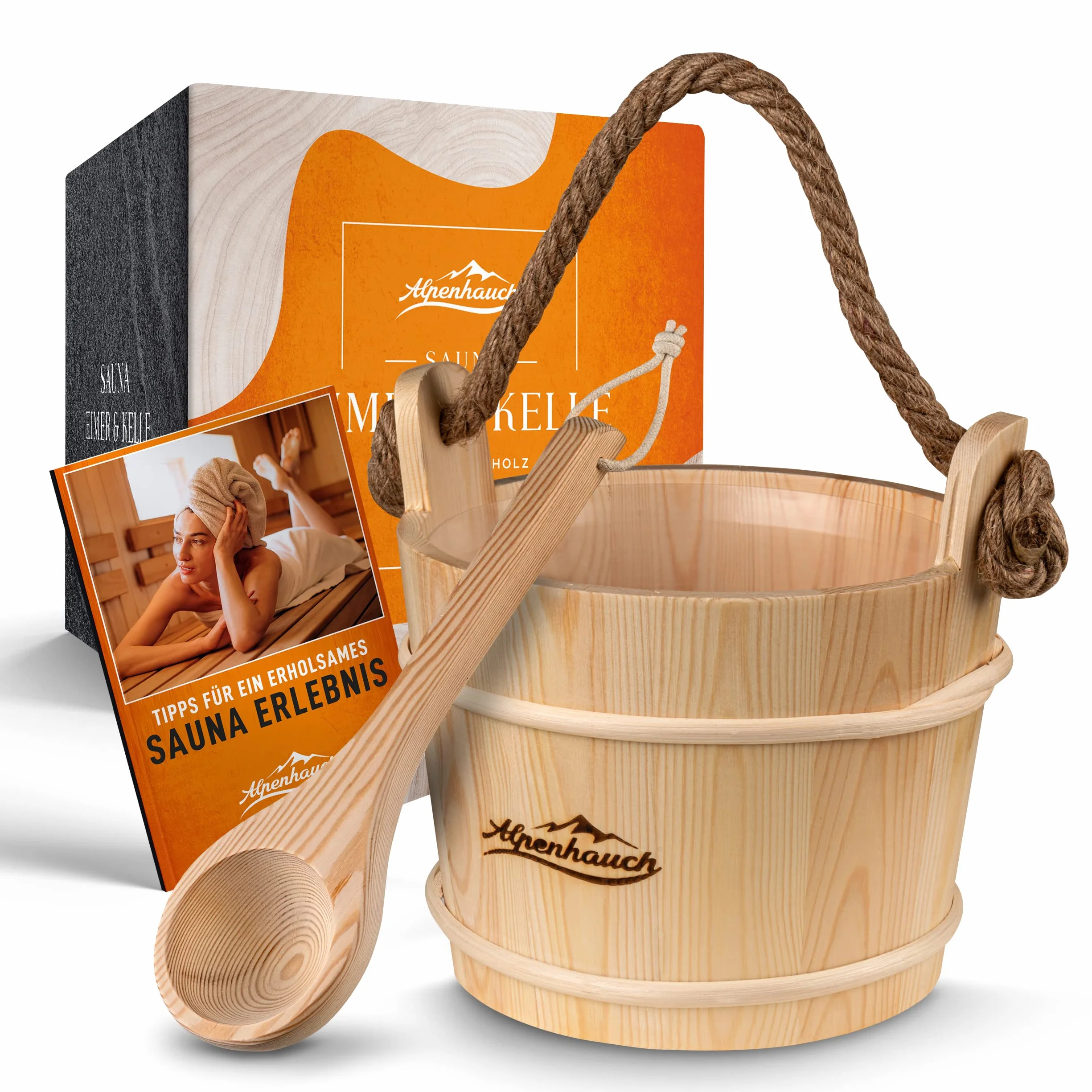 ALPENHAUCH Wiadro do sauny z kielnią [100% naturalne drewno] - eleganckie wiadro do sauny z kielnią - trwałe akcesoria do sauny - zestaw wiader infuzyjnych