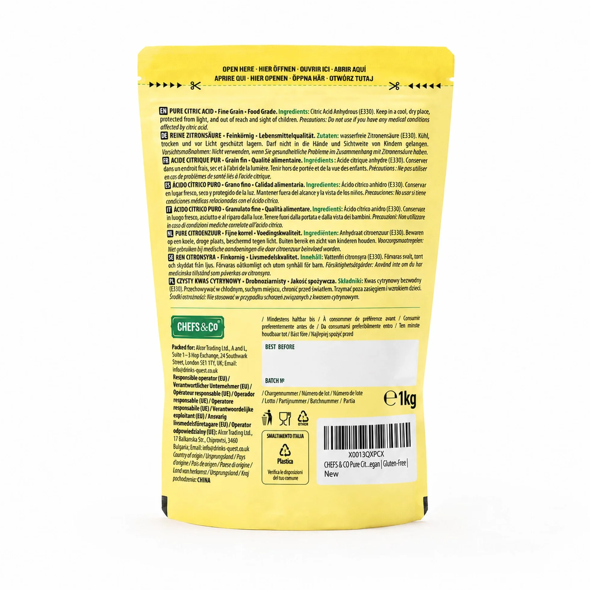 CHEFS & CO czysty kwas cytrynowy -1 kg | proszek | bezwodny | 100% czyste kryształy klasy spożywczej | bez GMO | Jakość premium | wegański | bezglutenowy |