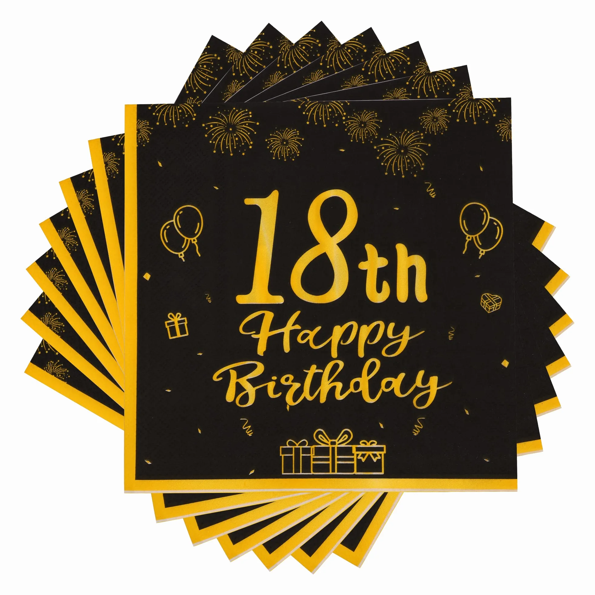 TOPWAYS 18 serwetki dekoracyjne urodzinowe, czarno-złote papierowe serwetki imprezowe, dekoracja stołu na 18. urodziny chłopców dziewczynek, serwetki Happy Birthday Decorations, 40 sztuk (18 urodziny)