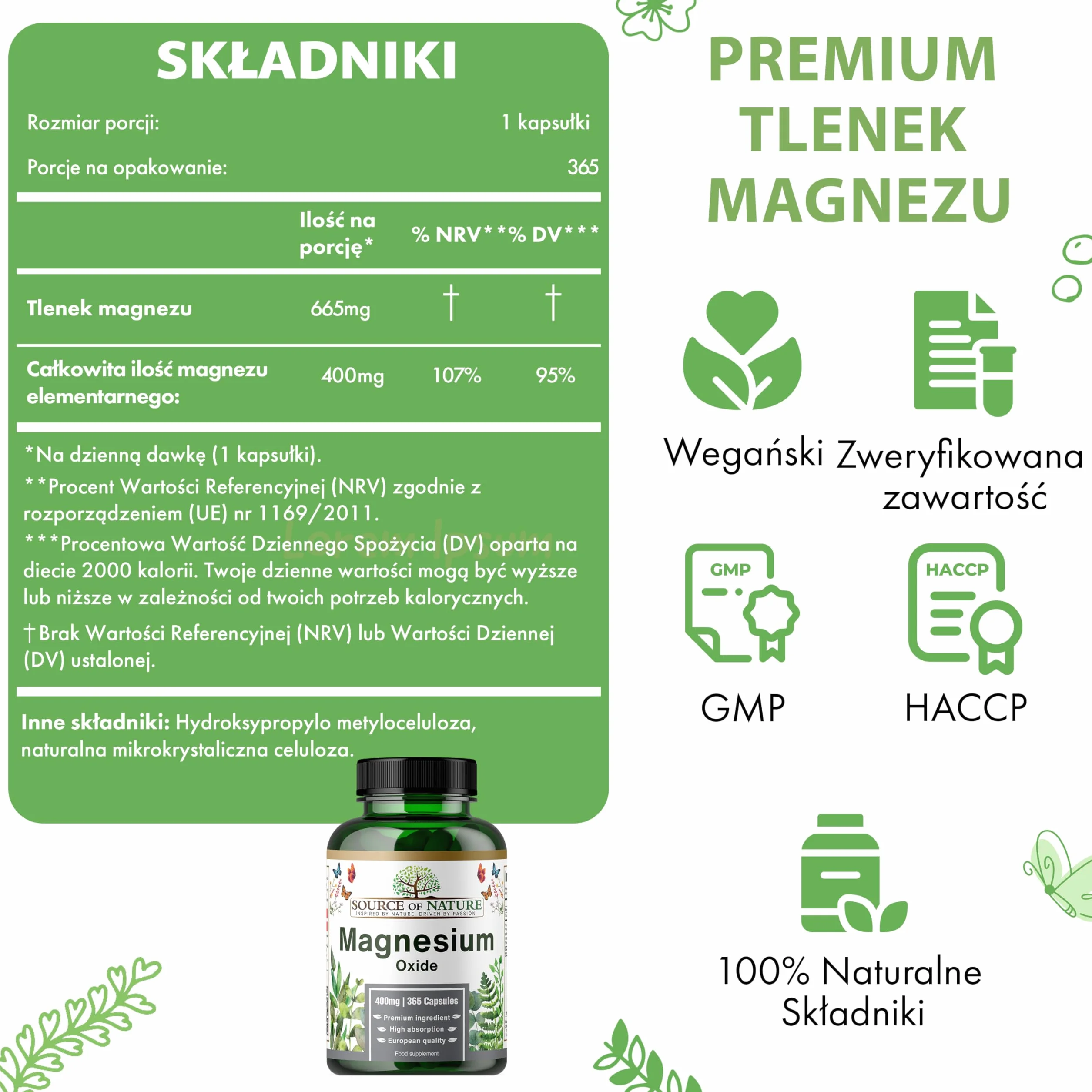 Tlenek Magnezu 665 mg | 400 mg Magnezu Elementarnego | 365 Kapsułek Wegańskich | Wysoka Dawka | Roczny Zapas | Source of Nature