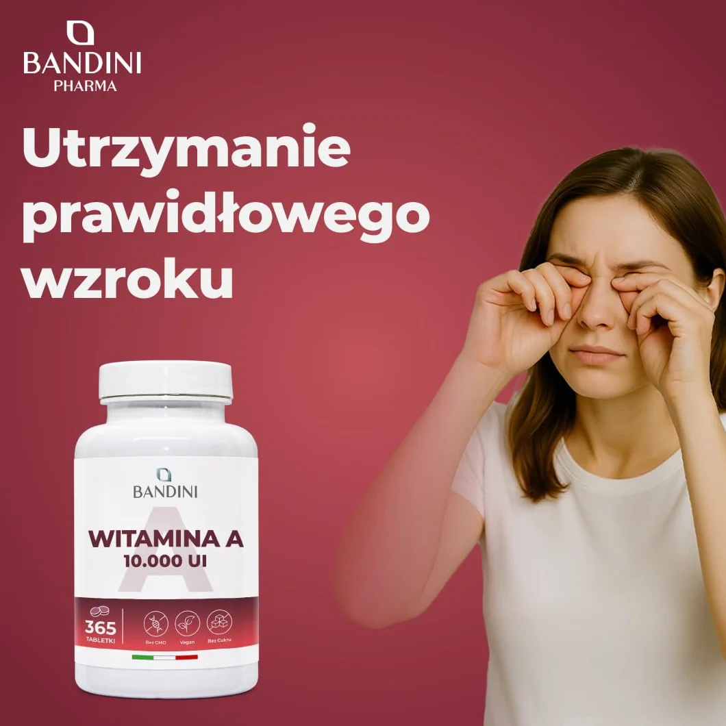 Bandini® Czysta Witamina A 10000 IU, 365 wegańskich tabletek (1+ rok), Pomaga utrzymać prawidłową skórę i wzrok, Octan retinylu, Alternatywa dla kropli i kapsułek witaminy A, Bez sztucznych dodatków
