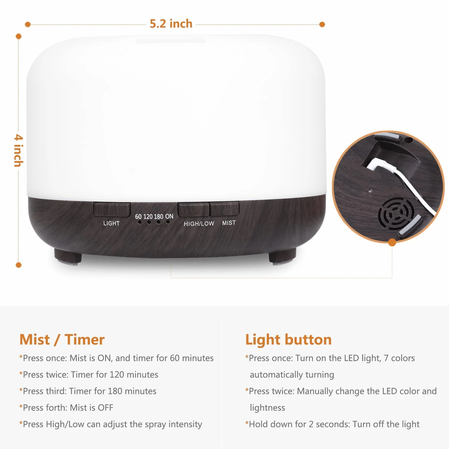 Dyfuzor zapachowy ultradźwiękowy 450 ml z timerem 7 kolorów LED pilot zdalnego sterowania ciemne drewno