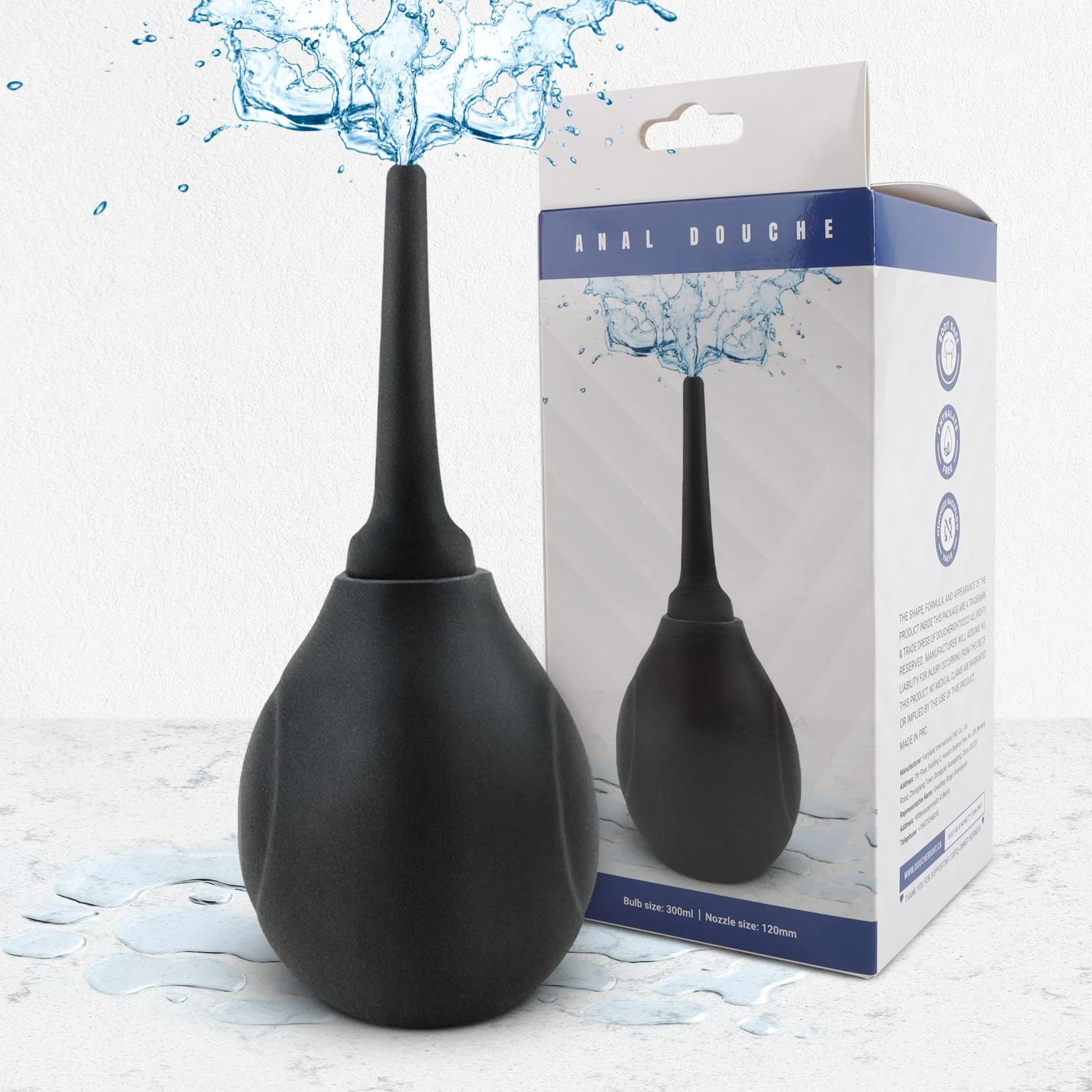 Enema Douche 300 ml, Enaema Bulb Duche Gruszka do Lewatywy jedwabisty miękki silikon dla kobiet i mężczyzn, wzór zapobiegający przepływowi wstecznemu, rozmiar podróżny, kolor czarny