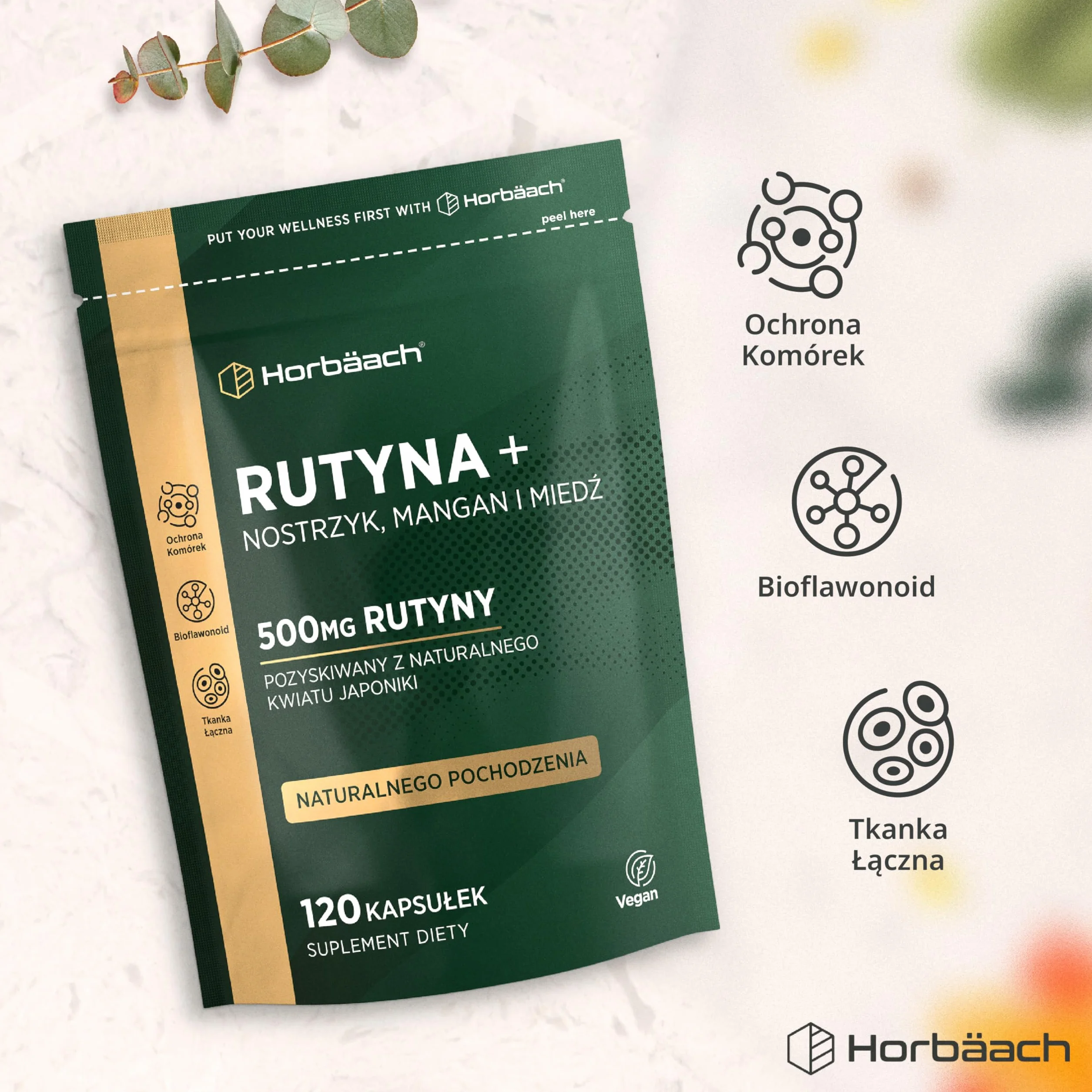 Rutyna 500mg z Nostrzykiem, Manganem i Miedzią | Rutyna Pozyskiwana z Naturalnego Kwiatu Japoniki | 120 Wegańskich Kapsułek | marki Horbaach