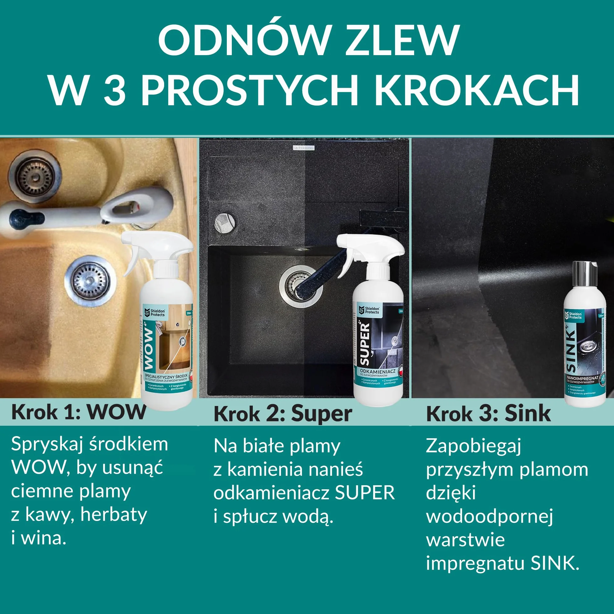 Shieldon Sink Restorer Zestaw do czyszczenia zlewu granitowego 3-etapowy system